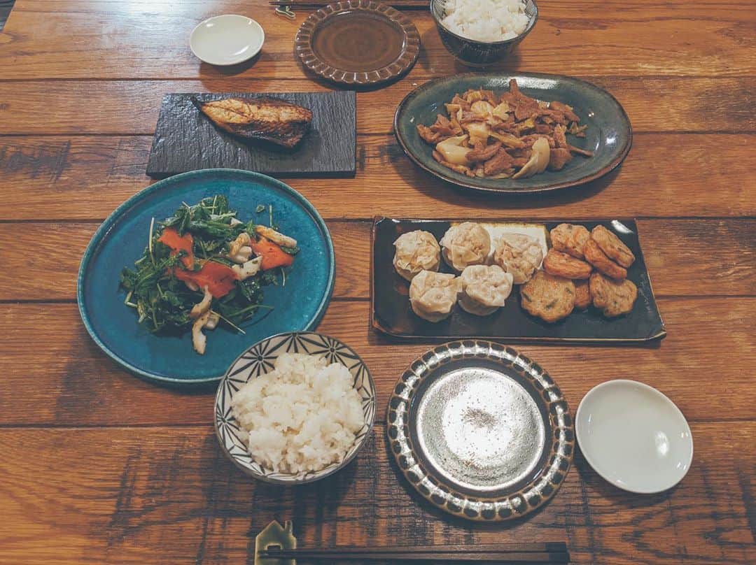 藤田敦子のインスタグラム：「ㅤ 【#blendakitchen 】 Dinner ✔︎ベビーリーフとサーモン、ちくわのサラダ ✔︎ソイミート生姜焼き ✔︎ソイミートシュウマイ ✔︎たこのさつま揚げ ✔︎サバの干物 お魚🐟と茶色🤎多め。」