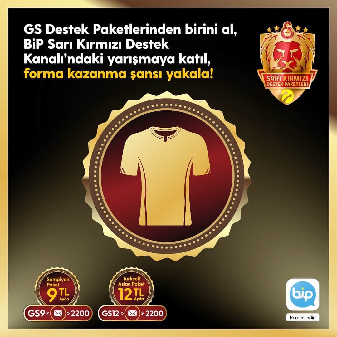 ガラタサライSKさんのインスタグラム写真 - (ガラタサライSKInstagram)「#Turkcell #GSDestek paketlilere özel imzalı forma hediye! Yarışmaya katılmak için BiP Sarı Kırmızı Destek kanalını takip et ve Pazar günü kanaldan sorulacak soruyu kaçırma! Sen de hemen GS12 yazıp 2200’a göndererek ayda 12TL'ye #Turkcell Aslan paketini al, hem forma kazanma fırsatını kaçırma hem de sosyal medyada geçerli 3GB internet senin olsun!」11月8日 22時00分 - galatasaray