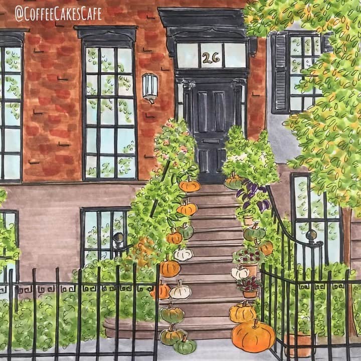 のインスタグラム：「Its a new day...filled with new beginnings. It’s truly a beautiful Sunday! ☀️ Sunny fall day, feeling the gentle breeze, and seeing the autumn leaves. I finally sketched this lovely home...you’ve seen me post several photographs in the past, but illustrating and adding a hint of motion made me so happy. 🍂🍁 It’s fun and when I was adding the pumpkins and potted plants one by one...it’s like playing doll house. 😁 This home is no stranger to features on ig...one of the most photographed home in the neighborhood. 🍂 Wishing you a beautiful Sunday, filled with happiness. Sending you all love and peace. 😍 . . . ✨Here are some accounts to visit who also love & photographed this home: @habituallychic @newyork_bound @tracyjiang33 @citiesofangela @jacquelineclairphoto @shillpii @pattyklib @merlekbarash  . . . #stopmotion #westvillagenyc #westvillagelife #thisisnewyorkcity #stopmotionanimation #westvillage #greenwichvillagenyc #greenwichvillage #igersofnyc #timeoutnewyork #chasing_facades #picturesofnewyork #made_in_ny #seeyourcity #newyorkgram #prettycitynewyork #newyorkarea #facade #facadelovers #streetsofnewyork #picame #bankstreet #stopmotionvideo #icapture_nyc #instagramnyc #coffeecakescafe #urbansketchers」