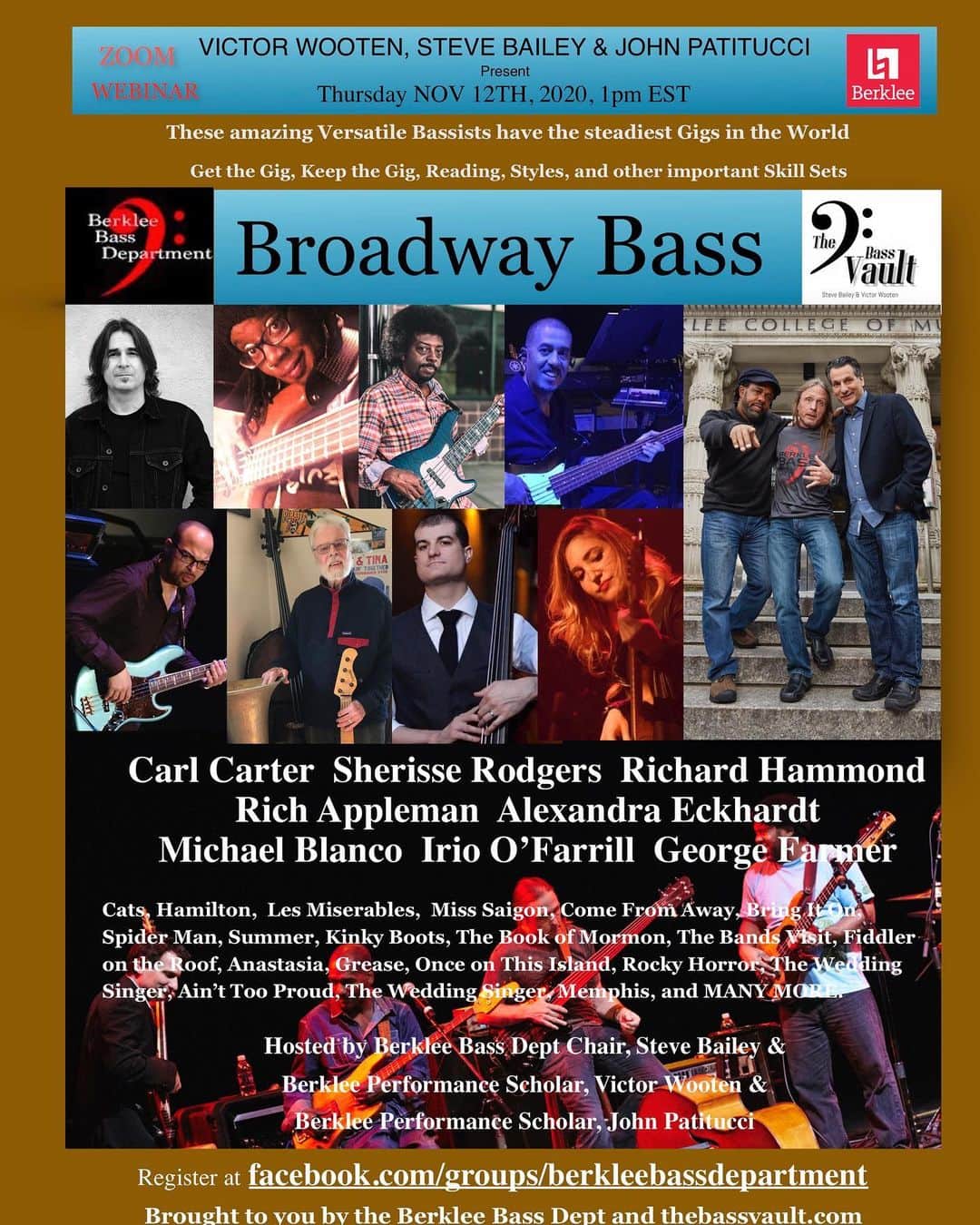 ヴィクター・ウッテンのインスタグラム：「Broadway Bass and Beyond  Free Webinar Thursday 1pm. From Hamilton, to Cats, Fiddler on the Roof,  and many more, see who plays the shows and what it takes to do.  Register Below.   Often discussed at Berklee and elsewhere,  and often misunderstood. These veterans of Theatrical Productions, Soundtracks, ON and OFF Broadway, as well as On the Road, join us to help us better understand their World. What are the necessary skillsets to get one of these coveted gigs. How does one "keep the gig" for decades. How much can a bassist deviate from the written part.  The best parts of the gig and the "not-so-best".  How are these versatile musicians getting thru the Covid Era with all of Broadway shut down?  https://berklee.zoom.us/webinar/register/WN_XKXRglSXSJGakqCtlEDElA」
