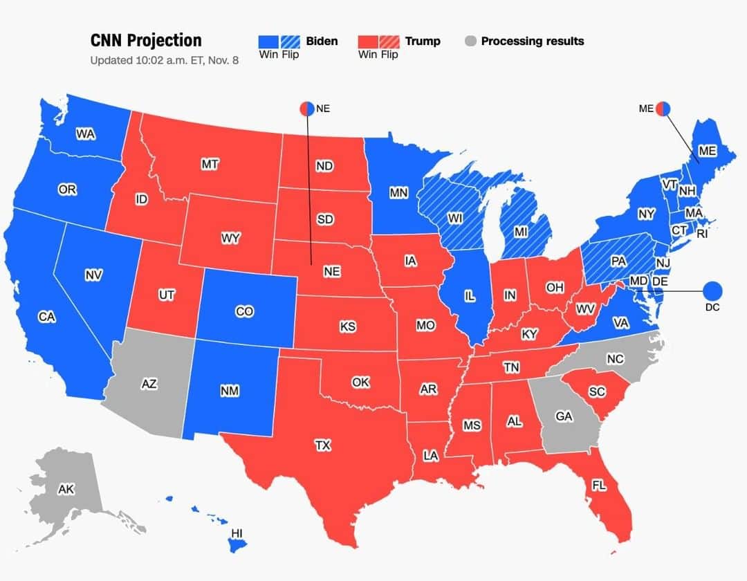 CNNさんのインスタグラム写真 - (CNNInstagram)「Joe Biden has won the electoral votes to dislodge Donald Trump from the White House, according to CNN projections, even as several states are still counting votes. Here’s the electoral map as it stands on Sunday morning. Tap the link in our bio for live updates. #CNNElection」11月9日 0時39分 - cnn