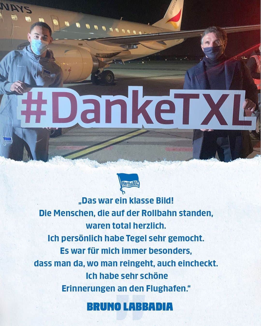 ヘルタ・ベルリンのインスタグラム：「GOODBYE, Flughafen Tegel! 😭😭😭 Wir werden dich vermissen! 💙💭 . . #danketxl #HaHoHe #herthabsc」