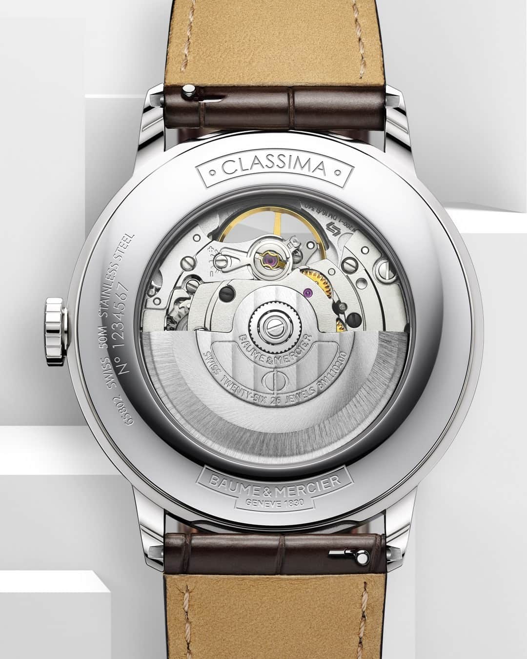 ボーンメルシーのインスタグラム：「If you could stop time, even if just for a second, what would you do? With the Classima 10524, time is in your hands.  -- Classima 10524 42mm, Guilloché decor, Open Balance aperture, 5 ATM Water Resistant, Brown Alligator Strap -- #baumeetmercier⁣ #Classima⁣ #Watches⁣ #Watchesdesigner⁣ #Swissmade⁣ #Watchmaking #innovation #design #materials」
