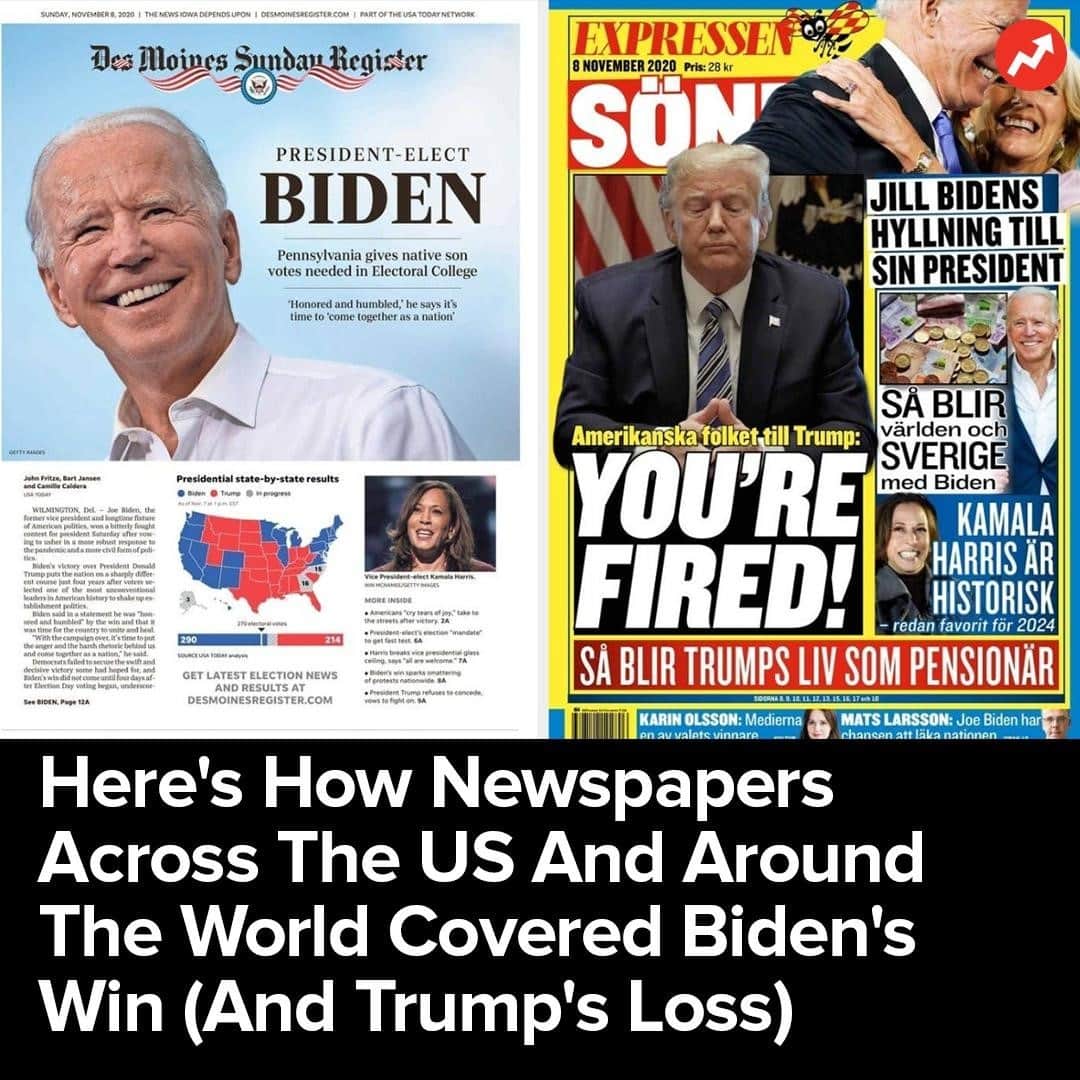 BuzzFeedさんのインスタグラム写真 - (BuzzFeedInstagram)「Biden defeating Trump was front-page news from Iowa to Alaska to Japan.  Link in bio.」11月9日 7時20分 - buzzfeed