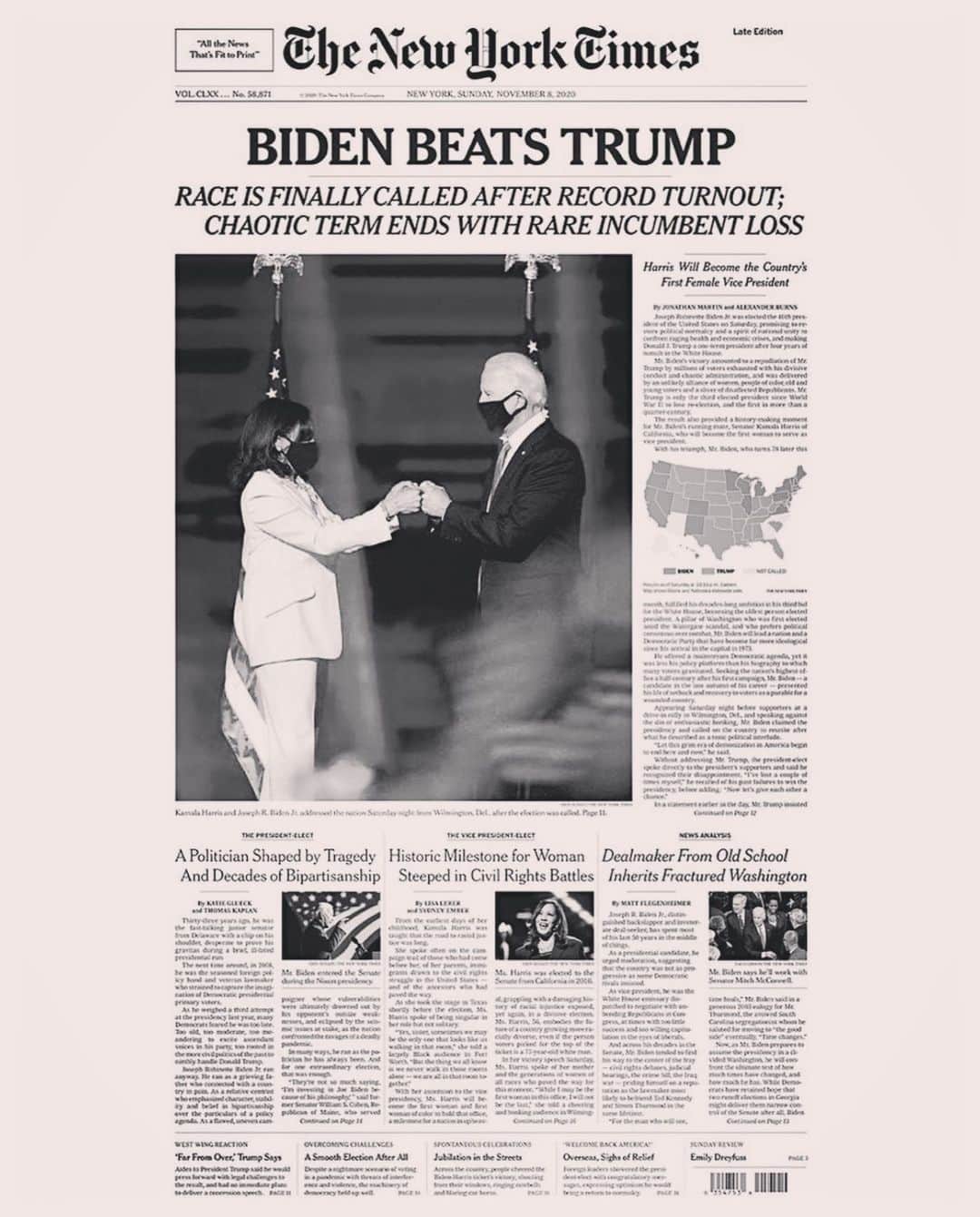 アーロン・トヴェイトのインスタグラム：「The front page of the @nytimes Sunday November 8th 2020  Exhale. Let’s try and come together. Pick up the pieces. And continue this collective energy forward!   💙🇺🇸💙」