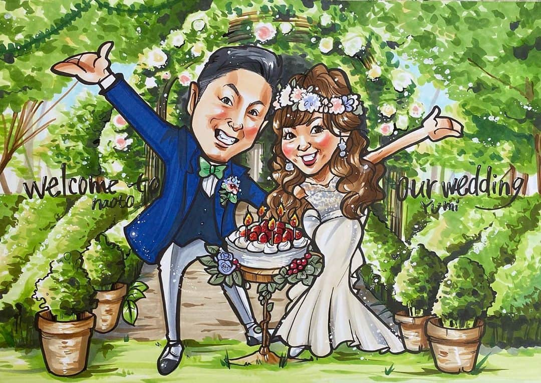似顔絵★𝗚𝗢𝗥𝗜𝗞𝗜𝗡𝗚のインスタグラム：「. . . 先日の②枚目💕  . . 大きいA3サイズでのご依頼でした❤️ . . 今後の結婚式仕様にご依頼いただきました💕 テーマはガーデンウエディング🌿⭐️✨ ご夫婦のイメージと想いの詰まった 一枚となりました❤️❤️❤️❤️ . . . 素敵なご依頼ありがとうございました💍⭐️✨💕 　. . . .  ❌❌現在は、予約受付終了してます❌❌ 。 . . .  2020年度ご予約のお客✨ 現在110番までの方へ案内中です🌟✨💕 DMの確認いただきgmailへ返信宜しくお願い致します🙇‍♀️🌟✨✨ . . . .  次回の予約応募は、2020年のご予約分を書き終える予定の 来年春から夏頃の、、、予定です。 ※あくまでも予定なので前後します🙇‍♀️ . . . .  オーダー再開の際には 人数制限あるため必ず予約ができるわけではございません。 そのことも踏まえた上で 次回ご検討いただけると嬉しいです(^^) . . また、結婚式の使用を考えてくださる方も多いです✨  前々からお伝えしていますが、 基本的に予約順に対応しているため、 近々の納期を希望される方は、 対応できないこともあるので、 あらかじめご了承ください💦 . . . . . ※今回予約が取れた方へ※ . .  写真がまだ用意できてない、入金が遅れそうなど、状況により、順番が前後することもございます‼️ あらかじめご了承ください。 。 . . . また、芸能人、キャラクターのオーダー、パロディ風オーダーはお断りしています。  芸能人については、ご本人様に直接プレゼントなどはOKです。 . . . . . . 💰料金表は過去投稿記事みてね❤💰 . . . . . ➡️ハッシュタグ⇨ goriking117料金表2019⬅️ . . ✨✨✨✨✨✨✨✨✨✨✨✨✨✨✨✨ @by.goriking のアカウントでは、 過去書かせて頂いたお客様方からの、 似顔絵のその後のお写真をいただき、 投稿しております^ - ^❤️❤️ 玄関に飾ってある似顔絵、 渡した瞬間のお写真、 ご本人とのお写真などなど💕 いろんな場面でのお写真お待ちしております^ - ^✨⭐️ . . . .  #似顔絵#pencildrawing#drawing#pencil#illust#painting#art#artwork#絵描きさんと繋がりたい#似顔絵師#gorikingの似顔絵屋さん#仲良し家族#結婚#結婚式#welcomeboard #wedding#weddingdress#gardenwedding #ガーデン#Garden#ドレス#ウェルカムボード#お洒落#gardening#flower#comicart#anime#animeart#comicartist#animejapan」