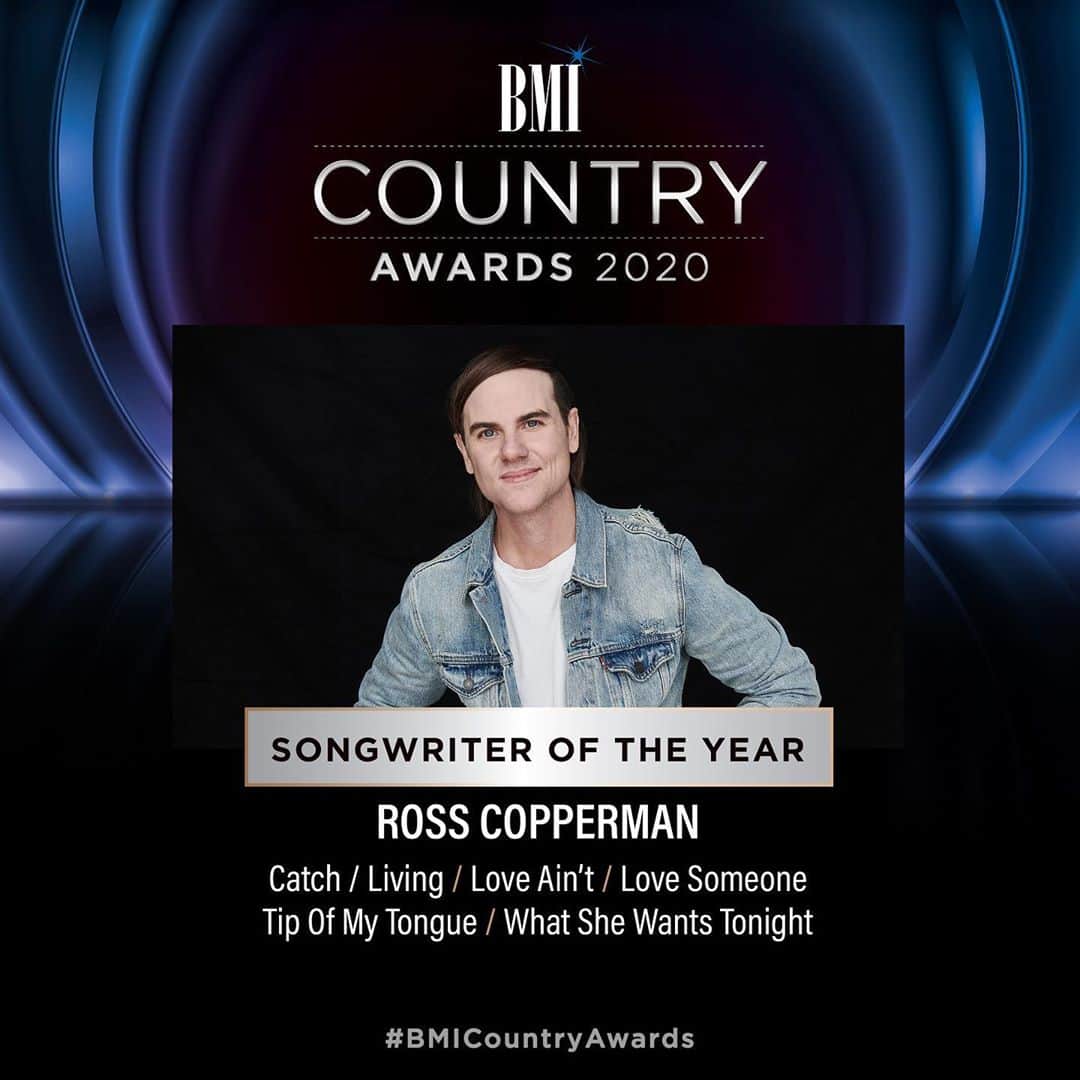 Broadcast Music, Inc.のインスタグラム：「Congratulations to @rosscopperman on his fourth BMI Songwriter of the Year title! 🎉 He has written so many of your favorite songs, including “Love Someone,” by @bretteldredge, “Love Ain’t,” by @EliYoungBand, “Tip of My Tongue,” by @kennychesney and more! Tap the 🔗 in our bio to check out his acceptance speech!」