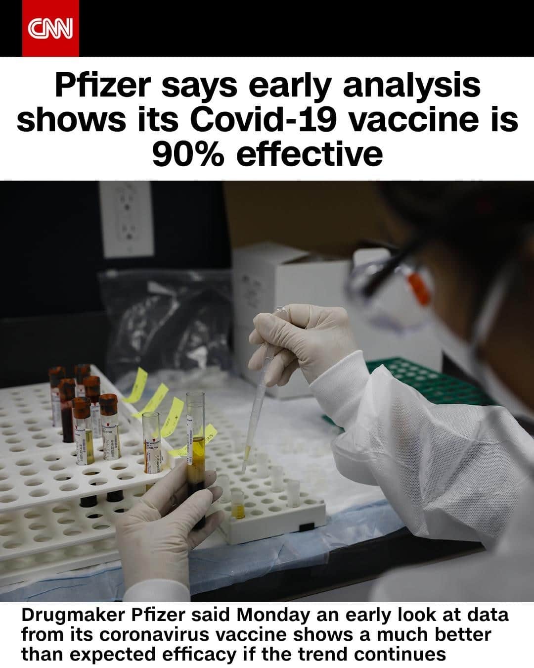 CNNさんのインスタグラム写真 - (CNNInstagram)「Drugmaker Pfizer said Monday an early look at data from its coronavirus vaccine shows it is more than 90% effective — a much better than expected efficacy if the trend continues. In a news release, the pharmaceutical giant said it plans to seek emergency use authorization from the US Food and Drug Administration soon after volunteers have been monitored for two months after getting their second dose of vaccine, as requested by the FDA. Pfizer said it anticipated reaching that marker by the third week of November. "With today's news, we are a significant step closer to providing people around the world with a much-needed breakthrough to help bring an end to this global health crisis," Pfizer CEO Albert Bourla said. Tap the link in our bio to learn more about Pfizer's vaccine.⁠ ⁠ (📸: Pfizer)」11月10日 0時14分 - cnn