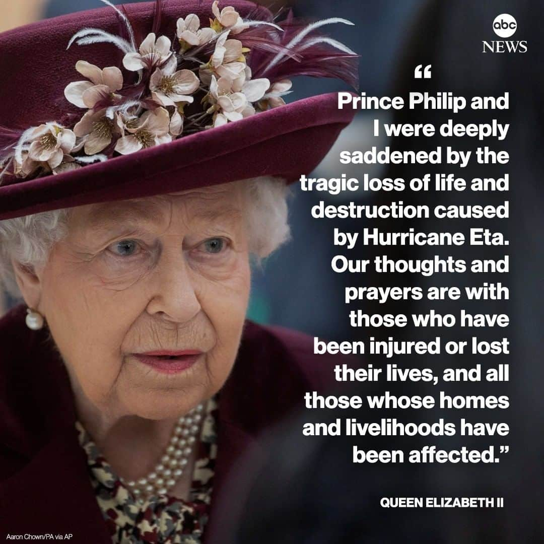 ABC Newsさんのインスタグラム写真 - (ABC NewsInstagram)「“Prince Philip and I were deeply saddened by the tragic loss of life and destruction caused by Hurricane Eta.”  Queen Elizabeth II sends message of condolence to heads of state in Guatemala, Honduras, Mexico, Costa Rica, Panama and Nicaragua, after Eta struck. #queenelizabeth #royalfamily #britishmonarchy #queen #weather #eta」11月10日 0時15分 - abcnews