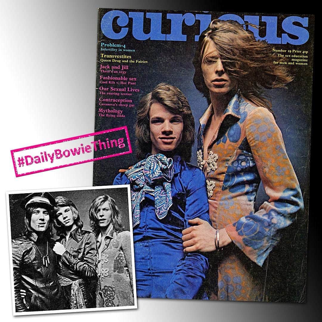 デヴィッド・ボウイさんのインスタグラム写真 - (デヴィッド・ボウイInstagram)「DAILY BOWIE THING – Day 9   “Come on strong girl, And lay a heavy trip on me...”   Last Monday we featured the 1973 cover of Mirabelle magazine for #DailyBowieThing. As with #BowieSheetMusicSunday yesterday, we have decided to make this a regular weekly post as #BowieMagMonday.   Today’s example is among the rarer Bowie magazine covers and though not impossible to find, #19 of CURIOUS from 1971 is hard to source cheaply.   David Bowie had been appearing in the press in Mr Fish designed dresses around this time, with the most famous example being Keith 'KEEF' MacMillan’s UK cover shot for Mercury’s release of The Man Who Sold The World in April.   However, the CURIOUS feature was Bowie attempting to launch Freddi Burretti as Rudi Valentino, singer of the band Arnold Corns with upcoming single Moonage Daydream.   As you no doubt know, this was just a cover for David to release the track outside of his Mercury contract and is markedly different to the version that appeared on Ziggy Stardust the following year. Today’s lyric quotation is from that Arnold Corns’ version of Moonage Daydream.   The inset picture is of Bowie champion Bob Grace with Freddie and David, taken at the same Brian Ward session as the CURIOUS cover and appearing in the two-page spread inside.   Pop back tomorrow for our next #DailyBowieThing   #DailyBowieThing  #BowieCurious  #BowieMagazineCover  #BowieMagMonday」11月10日 8時57分 - davidbowie