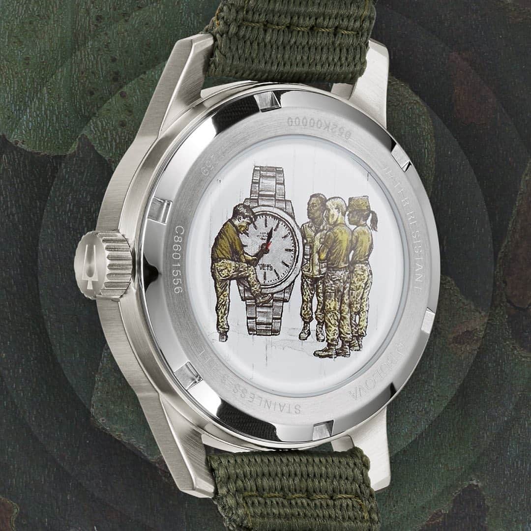 のインスタグラム：「The new Veterans Watchmaker Initiative (VWI) special edition of the heritage HACK watch honors the VWI’s mission to teach disabled veterans the highly skilled art of watchmaking. The screw-back case features a glass insert printed with the VWI logo, and Bulova will donate a portion of the proceeds from each timepiece sold to the non-profit school. #Bulova — ⏱: 96A259 MSRP: $395.00 USD CASE: ø 38 mm」
