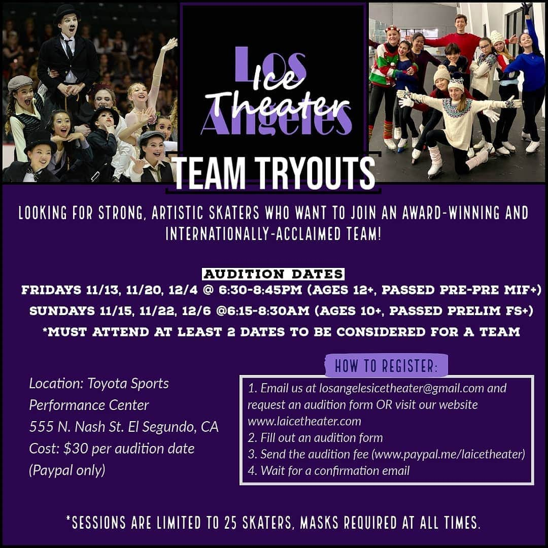 ベアトリサ・リャンのインスタグラム：「❗CALLING ALL SKATERS❗ Sign ups for our 2020-21 team tryouts are now open! Check the post for all the info you need to register and reserve your spot now!--space is limited. Double check your age and level and head to our website to find an audition form. ➡️LINK IN BIO⬅️  If you have any additional questions, shoot us a DM or email us at losangelesicetheater@gmail.com.  See you on the ice!」