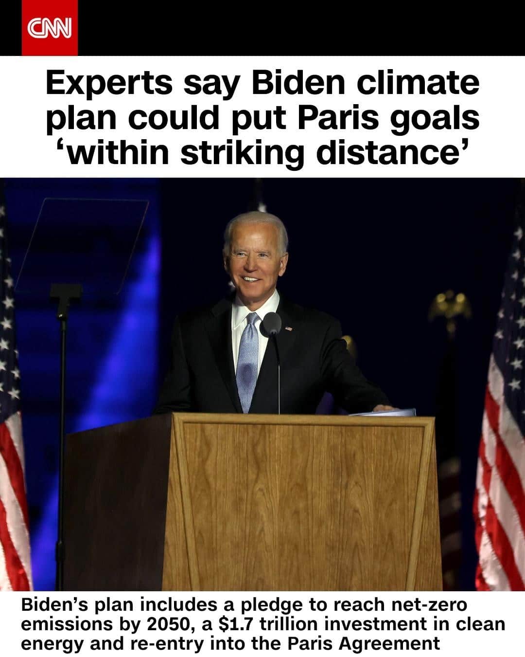 CNNさんのインスタグラム写真 - (CNNInstagram)「Follow ➡️ @cnnclimate ➡️ President-elect Joe Biden’s climate plan could put the Paris Agreement’s goal of limiting global warming to 1.5 degrees Celsius “within striking distance,” says the Climate Action Tracker, a non-profit analysis group. Biden’s plan includes a pledge to reach net-zero emissions by 2050, a $1.7 trillion investment in clean energy and green jobs, and calls for an end to fossil fuel subsidies and new oil and gas permits on public lands. If fulfilled, Biden’s plan would decrease global warming by 0.1 degrees Celsius by the end of the century, the Climate Action Tracker found. Tap the link in our bio to learn more about Biden’s climate plan. (📸: Tasos Katopodis/Getty Images)⁠」11月10日 6時01分 - cnn