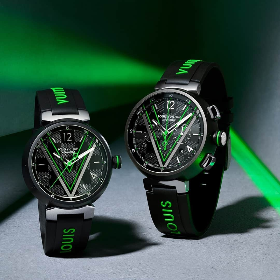 ルイ・ヴィトンさんのインスタグラム写真 - (ルイ・ヴィトンInstagram)「Flash of fluorescence. #LouisVuitton introduces a new interpretation of the Tambour Damier Graphite watch with neon green accents. Learn more about the Tambour Damier Graphite Race via link in bio.」11月10日 7時30分 - louisvuitton