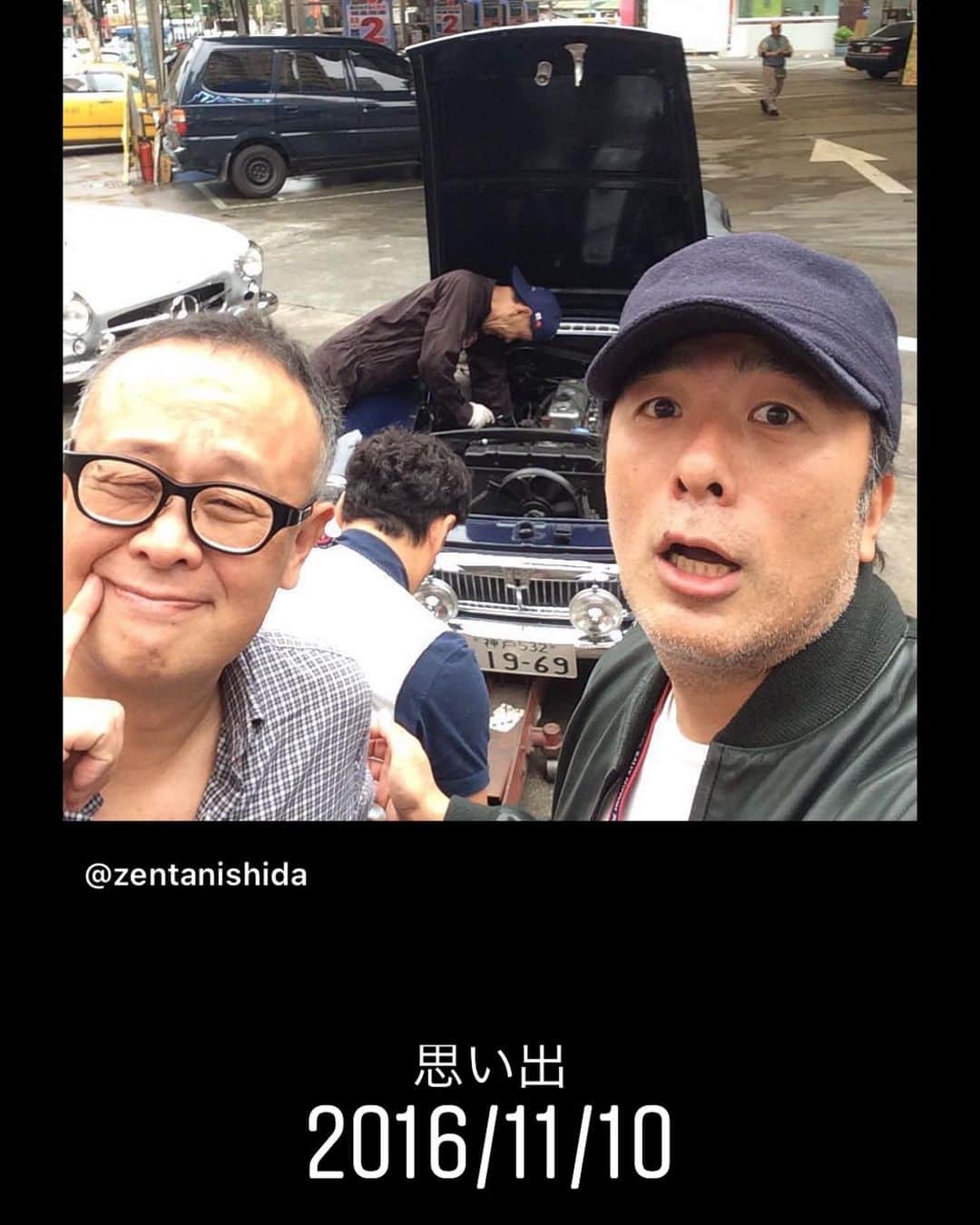 西田善太のインスタグラム：「4年前の今日、LEONにいた前田くんと台湾一周ラリーの初日。台北スタートして1時間で、セルモーターが外れて落ちるという珍故障で途方に暮れてた日。4日間、MGBは毎日故障したけど、楽しかったなぁ。ちなみにナンバーは日本のまま、ダッシュボードに特別許可のナンバーが書いてある紙をおけば良いのだ！　#ラリーニッポン」