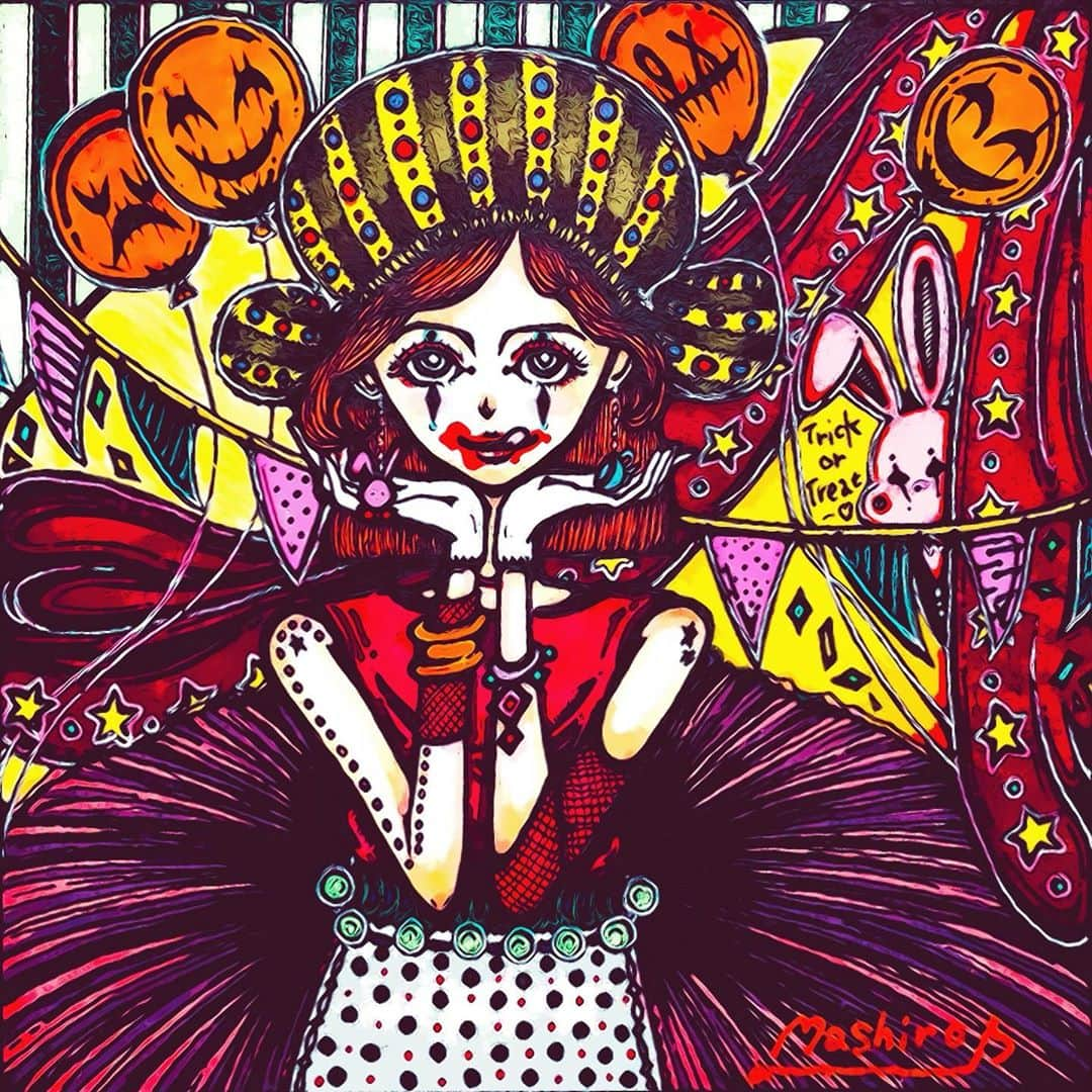 綾野ましろのインスタグラム：「Halloween🎃 の絵の全貌を今さらながら🧸 こういうの怖いとおもうかたもいるかもしれないなと.  ずらしてアップ🌹  お菓子はーーあげる( ˙꒳​˙ )  #happyhalloween」