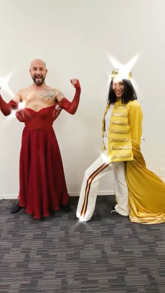 A.J.のインスタグラム：「#IconsNight has #TeamPrettyMessedUp feeling this iconic Freddie Mercury look!!! 🤴 As Cheryl and I got ready to take the stage tonight, I thought about how grateful I am for all the icons in my daily life, especially my grandma, Ursula.   We need your votes, #BSBArmy!! Voting ends after the last dance of the night during the eastern and central airing. Text AJ to 21523 and vote at dwtsvote.abc.com - 10x per voting method!! @cherylburke @dancingabc #DWTS」