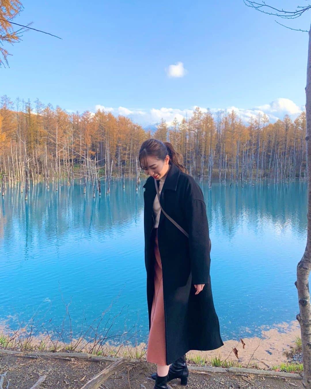 農海姫夏のインスタグラム：「紅葉もはじまってて、 絵に描いたような場所☀️☁️ みんな元気？ ・ ・ #青い池#美瑛#北海道」