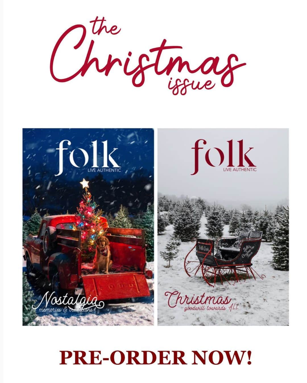FOLKのインスタグラム：「Well, y’all...we decided to do a double cover. The red truck image of @puffinandbennie by @kjp on one side and my image on the reverse. Umm, this Christmas issue of @folkmagazine is over the top. I’ve been picking up all the Christmas magazines I can find and they’re all just fluffy how to decorate stories and sponsored content. Not this one, it’s full, and I mean full of stories, essays, conversations, and a few festive recipes. This is one of those you’ll be reading for hours. Plus, not a single advertisement in it. Just page after page of Christmas merriment and joy. I’m proud of this issue and I cannot wait to mail it out next week. Merry Christmas Y’all! Go to www.folkgeneral.com to order!」