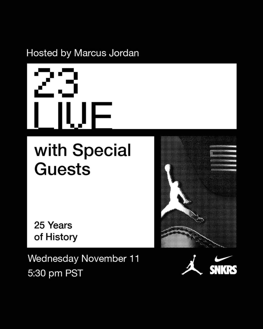 Jordanのインスタグラム：「New show alert 🚨 23Live is a new show on SNKRS hosted by @HeirMJ523. Tune in Wednesday to see Marcus talk with special guests in our first episode of the new show 23Live. Watch only on the SNKRS App. #JUMPMAN」