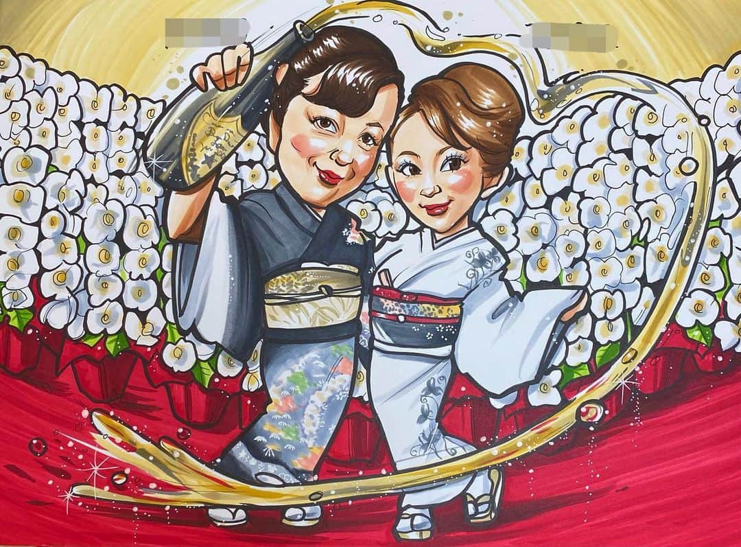 似顔絵★𝗚𝗢𝗥𝗜𝗞𝗜𝗡𝗚のインスタグラム：「. .  同じ方からの二枚目❤️❤️ . . こちらはA3用紙に、 ドドドーンと胡蝶蘭💠💠💠✨⭐️  . . シャンパンをあけ、 豪華な和装姿で華やかな一枚となりました❤️❤️❤️❤️✨⭐️  . .  喜んでいただけてよかったです❤️❤️❤️ .  .  素敵なご依頼ありがとうございました🙇‍♀️✨⭐️💕  . .  ❌❌現在は、予約受付終了してます❌❌ 。 . . .  2020年度ご予約のお客✨ 現在120番までの方へ案内中です🌟✨💕 DMの確認いただきgmailへ返信宜しくお願い致します🙇‍♀️🌟✨✨ . . . .  次回の予約応募は、2020年のご予約分を書き終える予定の 来年春から夏頃の、、、予定です。 ※あくまでも予定なので前後します🙇‍♀️ . . . .  オーダー再開の際には 人数制限あるため必ず予約ができるわけではございません。 そのことも踏まえた上で 次回ご検討いただけると嬉しいです(^^) . . また、結婚式の使用を考えてくださる方も多いです✨  前々からお伝えしていますが、 基本的に予約順に対応しているため、 近々の納期を希望される方は、 対応できないこともあるので、 あらかじめご了承ください💦 . . . . . ※今回予約が取れた方へ※ . .  写真がまだ用意できてない、入金が遅れそうなど、状況により、順番が前後することもございます‼️ あらかじめご了承ください。 。 . . . また、芸能人、キャラクターのオーダー、パロディ風オーダーはお断りしています。  芸能人については、ご本人様に直接プレゼントなどはOKです。 . . . . . . 💰料金表は過去投稿記事みてね❤💰 . . . . . ➡️ハッシュタグ⇨ goriking117料金表2019⬅️ . . ✨✨✨✨✨✨✨✨✨✨✨✨✨✨✨✨ @by.goriking のアカウントでは、 過去書かせて頂いたお客様方からの、 似顔絵のその後のお写真をいただき、 投稿しております^ - ^❤️❤️ 玄関に飾ってある似顔絵、 渡した瞬間のお写真、 ご本人とのお写真などなど💕 いろんな場面でのお写真お待ちしております^ - ^✨⭐️ . . . .  #似顔絵#pencildrawing#drawing#pencil#illust#painting#art#artwork#絵描きさんと繋がりたい#似顔絵師#gorikingの似顔絵屋さん#仲良し家族#comicart#anime#animeart#comicartist#animejapan」