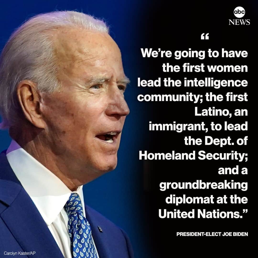 ABC Newsさんのインスタグラム写真 - (ABC NewsInstagram)「President-elect Joe Biden on national security nominees: "We're going to have the first women lead the intelligence community; the first Latino, an immigrant, to lead the Dept. of Homeland Security; and a groundbreaking diplomat at the United Nations." #joebiden #donaldtrump #politics #bidentransition #firsts⁠ ⁠ Read the details at LINK IN BIO.」11月25日 4時02分 - abcnews