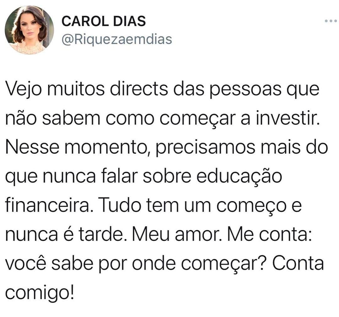 Carol Diasさんのインスタグラム写真 - (Carol DiasInstagram)「Meu amor. Não tem problema se você não sabe por onde começar. O maior problema é começar errado por não perguntar. Ninguém nasce sabendo.   Você sabe por onde começar a investir?  Comenta aqui embaixo 👇🏼👇🏼👇🏼」11月25日 7時16分 - caroldias