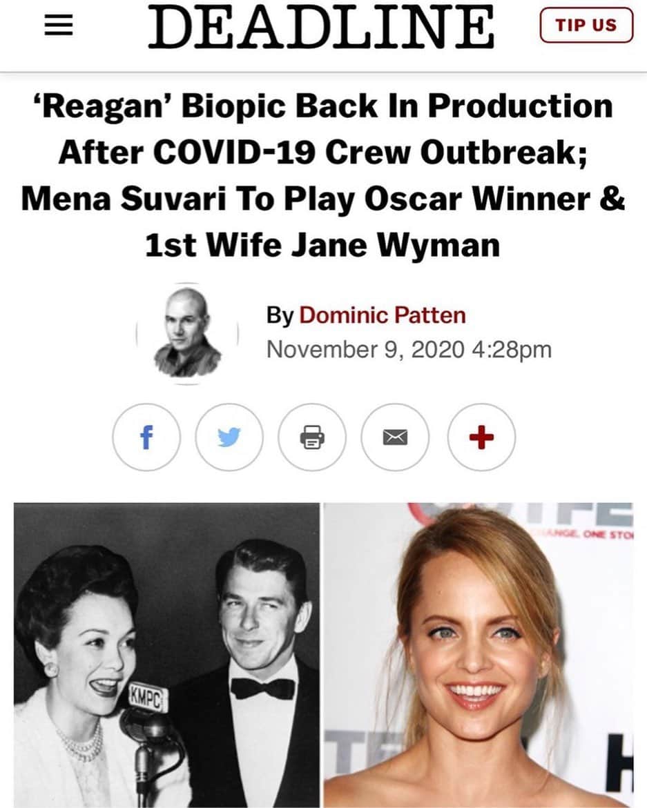 ミーナ・スヴァーリのインスタグラム：「I’m incredibly honored and excited to be part of such an amazing production! What a special opportunity. ✨ Working on @reaganmovie was truly one of the best experiences of my career, with not only an awesome HMUW team who crushed it every single day, but beautiful humans, like @penelopeannmiller and @dennisquaid to stand alongside and work with.  I’m forever grateful and can’t wait for you all to see this epic film 🥰 #ReaganMovie #JaneWyman」