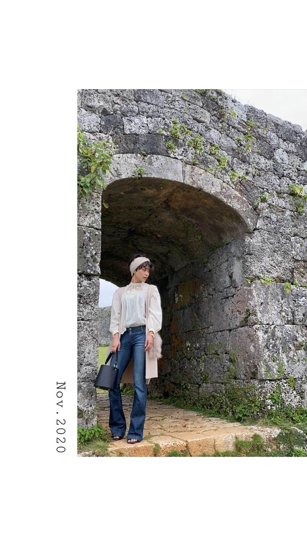 金城優華のインスタグラム：「18歳の時にボヘミアンスタイルが好きで購入したデニム。 10数年経っても 好きな物はずーっと好き。  デニムとレーストップスだけの 予定が 思いのほか寒かったので急遽ベスト投入。  沖縄も少しずつ冬の足音。ですね  coordinates Hair band: @zara  Tops: @zara  Knitvest: @nouer_official  Denim:？ Bag:reuse shop shoes: @zara   earrings: @cannu.yuuka_kinjo   ありゃ 長年愛用品以外ZARA。笑  #ootd   #fashion #zara #boho #okinawa  #沖繩  #モデル #筋トレ女子  #コーデ #大人カジュアル  #デニムコーデ  #zara女」