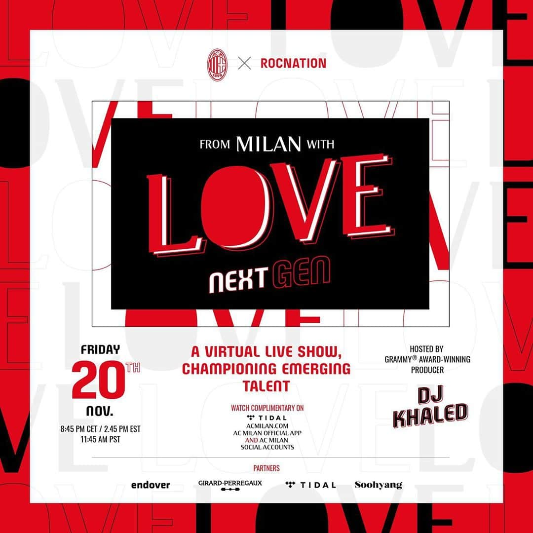 DJキャレドさんのインスタグラム写真 - (DJキャレドInstagram)「I’m proud to join @RocNation, @ACMilan & @TIDAL, for #FromMilanWithLove: 𝙉𝙚𝙭𝙩 𝙂𝙚𝙣 to celebrate emerging talent across the globe! 🌍 Tune in next Friday at 8:45pm CET / 2:45pm EST ! Bless up!」11月10日 22時30分 - djkhaled