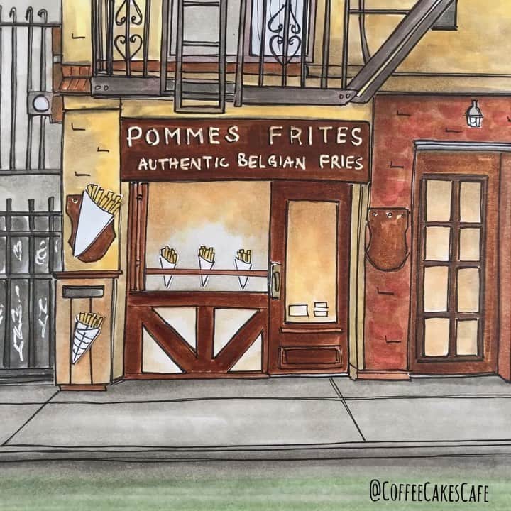 のインスタグラム：「Wait...is that fries I smell?! 🍟 Do you smell fresh warm fries? 😁 . . .😋 I’ll never forget my first time trying their fries...it’s a whole lot of yummy yum yum!! @pommesfritesnyc  . . . #stopmotion #cafehopping #westvillagenyc #westvillagelife #thisisnewyorkcity #stopmotionanimation #westvillage #greenwichvillagenyc #greenwichvillage #bitsofbuildings #igersofnyc #timeoutnewyork #chasing_facades #picturesofnewyork #made_in_ny #seeyourcity #newyorkgram #prettycitynewyork #newyorkarea #facade #facadelovers #streetsofnewyork #picame #stopmotionvideo #icapture_nyc #instagramnyc #coffeecakescafe #nycrestaurants #storefront #urbansketchers @movingforwardpr」