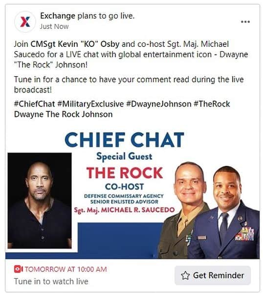 ドウェイン・ジョンソンさんのインスタグラム写真 - (ドウェイン・ジョンソンInstagram)「Get ready US military around the world.. my “Chief Chat” goes LIVE in two hours at 11AM EST.  We’ve coordinated this for months and it’s truly my honor.   Let’s have some fun, read some comments and take your questions.   Can’t wait. Let’s rock and roll!   LIVE ON FACEBOOK.  Go to EXCHANGE Facebook page and join us.  💪🏾🖤🇺🇸 #11AM #EST #TODAY」11月10日 22時56分 - therock