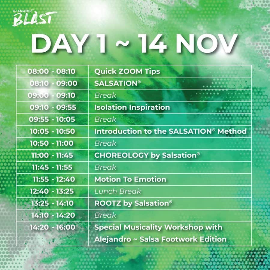 クラウディオ・リースのインスタグラム：「THE #SALSATIONONLINEBLAST IS THIS WEEKEND!  💚 Last chance to get your tickets to the BIGGEST event of the Salsation®️ year! With this #SalsationBLAST being online, you will be able to dance with the largest group of SMTs in Salsation®️ history, whilst covering every aspect of SALSATION >>>  ⚡ In this TWO-DAY bonanza, you'll be dancing ROOTZ, CHOREOLOGY, SALSATION, Insolation Inspiration, Motion to Emotion plus two new Workshop from our amazing founder, Alejandro Angulo @alejodance  🔥 Tickets are only €70 for the full two days >>> Head to the link in our bio to purchase now!  💫 ➡️OFFICIAL SCHEDULE:  ➡️ DAY 1️⃣ 08:00 -08:10  Quick ZOOM Tips  08:10 -09:00  SALSATION®️ 09:00 -09:10  Break  09:10 - 09:55  Isolation Inspiration  09:55 - 10:05  Break  10:05 - 10:50  Introduction to the SALSATION®️ Method 10:50 - 11:00  Break 11:00 - 11:45  CHOREOLOGY by Salsation®️  11:45 - 11:55  Break  11:55 - 12:40  Motion to Emotion 12:40 - 13:25  Lunch Break  13:25 - 14:10  ROOTZ by Salsation®️  14:10 - 14:20  Break  14:20 - 16:00  Special Musicality Workshop with Alejandro Angulo ~ Salsa Footwork Edition  ✨」