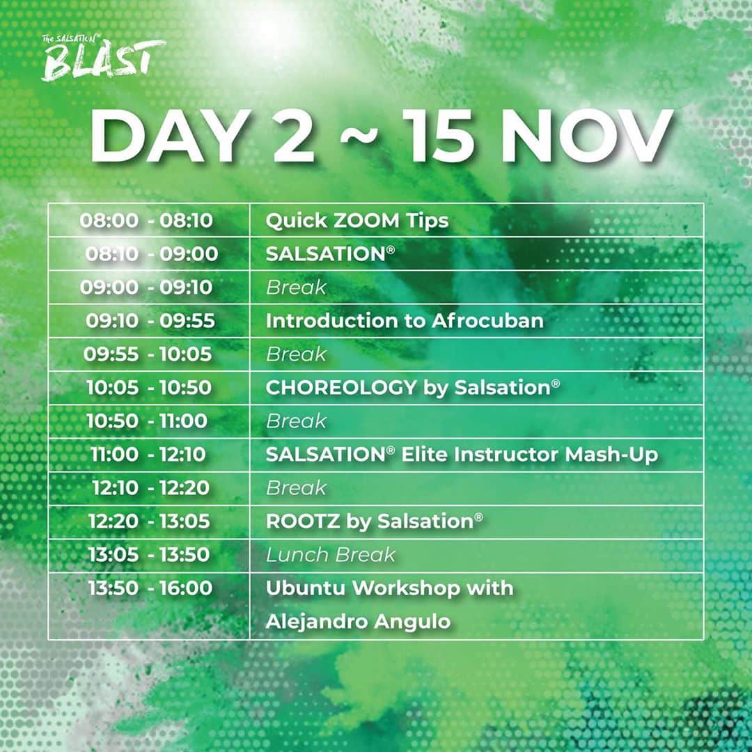 クラウディオ・リースのインスタグラム：「THE #SALSATIONONLINEBLAST IS THIS WEEKEND!  💚 Last chance to get your tickets to the BIGGEST event of the Salsation®️ year! With this #SalsationBLAST being online, you will be able to dance with the largest group of SMTs in Salsation®️ history, whilst covering every aspect of SALSATION >>>  ⚡ In this TWO-DAY bonanza, you'll be dancing ROOTZ, CHOREOLOGY, SALSATION, Insolation Inspiration, Motion to Emotion plus two new Workshop from our amazing founder, Alejandro Angulo @alejodance  🔥 Tickets are only €70 for the full two days >>> Head to the link in our bio to purchase now!  💫 ➡️OFFICIAL SCHEDULE:   ✨ ➡️ DAY 2️⃣ 08:00 -08:10  Quick ZOOM Tips  08:10 -09:00  SALSATION®️ 09:00 -09:10  Break  09:10 - 09:55  Introduction to Afrocuban  09:55 - 10:05  Break  10:05 - 10:50  CHOREOLOGY by Salsation®️  10:50 - 11:00  Break 11:00 - 12:10  SALSATION®️ Elite Instructor Mash-Up  12:10 - 12:20  Break  12:20 - 13:05  ROOTZ by Salsation®️  13:05 - 13:50  Lunch Break  13:50 - 16:00  Ubuntu Workshop with Alejandro Angulo  ✨ ^^^ ALL THIS FOR ONLY €70 ^^^」