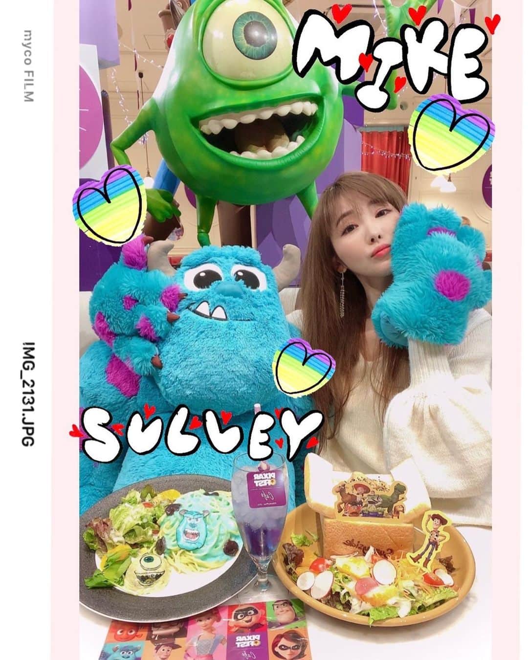 mycoのインスタグラム：「サリーさんと🍽💙﻿ 今月15日まで原宿東急プラザにてやってるよ﻿ 前売り券は完売してるけど当日直接行っても﻿ 入れると思う感じでした！﻿ ﻿ サリーさん席は1席だけなので案内して﻿もらえて ラッキー⭐️空いたら座れるので待つのも いいと思います。﻿バズとかもいて視覚が楽しめました💚﻿ ﻿ ﻿ QQ曲の動画編集そろそろ完成しそうかな。﻿ 状況をストーリーであげていきますね。﻿ ﻿ １曲目は「金魚」おたのしみに！  #アフタヌーンティー　#東京カフェ #cafe #ピクサーカフェ #ピクサーフェスト #disney #toystory #toystorymania #afternoontea #カフェ活 #tokyo #カフェスタグラム #コラボカフェ」