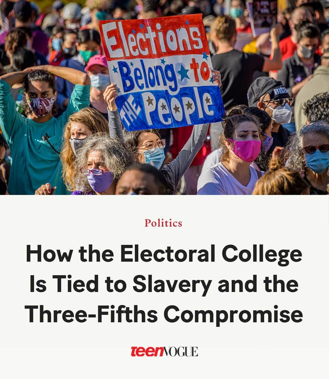Teen Vogueさんのインスタグラム写真 - (Teen VogueInstagram)「The electoral college, a process originally designed to protect the influence of white slave owners, is still used today to determine presidential elections. The United States is one of few countries that rejects a simple popular-vote election, ultimately upholding the racist roots of American democracy. Find out more at the link in bio.」11月11日 1時50分 - teenvogue