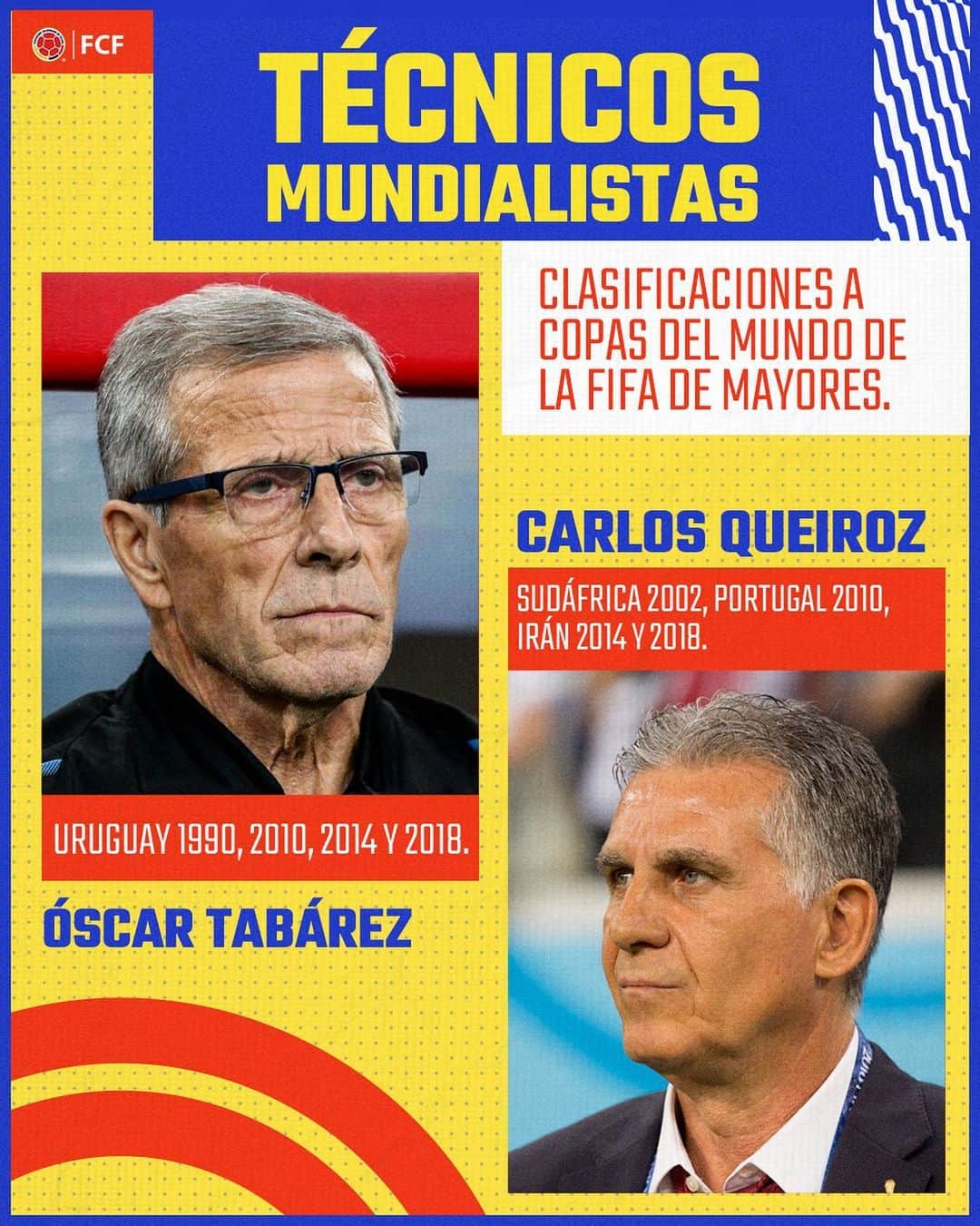 サッカー コロンビア代表チームのインスタグラム：「#DatoDeSelección 🤓  Nuestro D.T. @carlosqueiroz_ y Óscar Washington Tabárez son los técnicos en activo con más clasificaciones a la Copa Mundial de la FIFA de mayores🏆  #VamosColombia 🇨🇴」