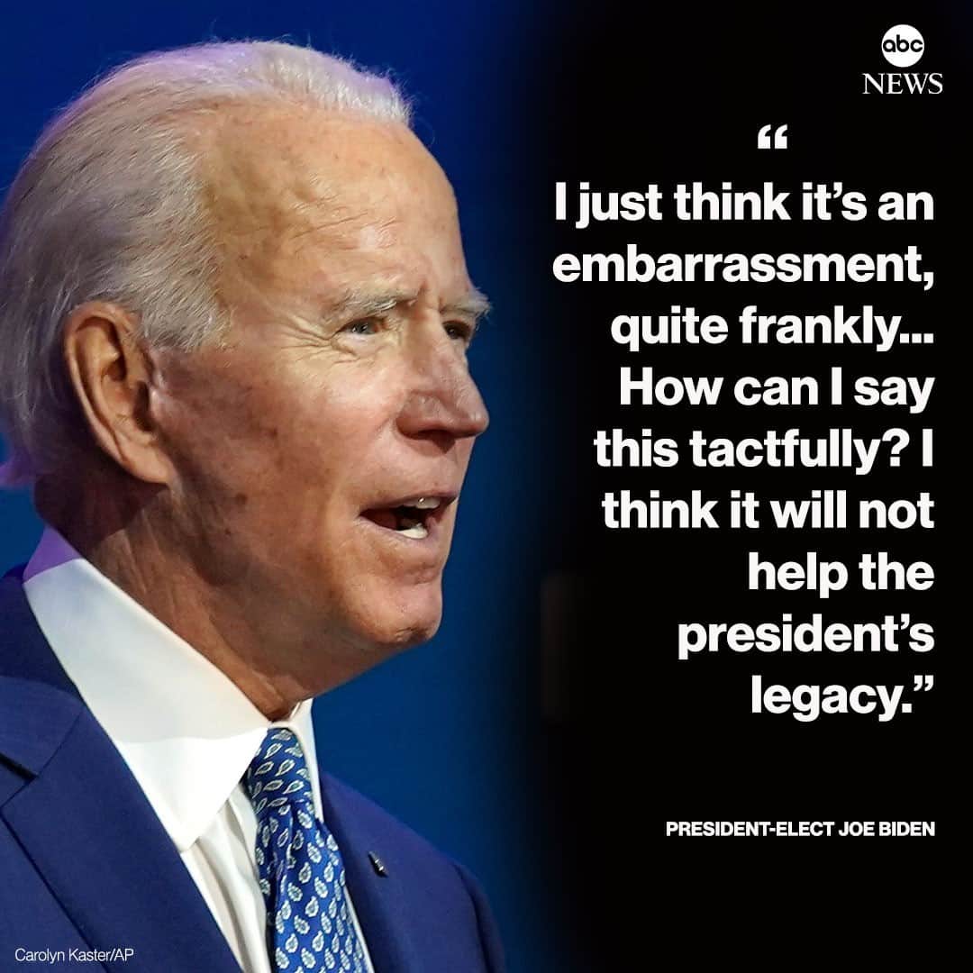 ABC Newsさんのインスタグラム写真 - (ABC NewsInstagram)「NEW: President-elect Joe Biden on Pres. Trump's refusal to concede the election: "I just think it's an embarrassment, quite frankly."⁠ ⁠ "How can I say this tactfully? I think it will not help the president's legacy." #joebiden #donaldtrump #election2020 #kamalaharris #politics」11月11日 5時22分 - abcnews