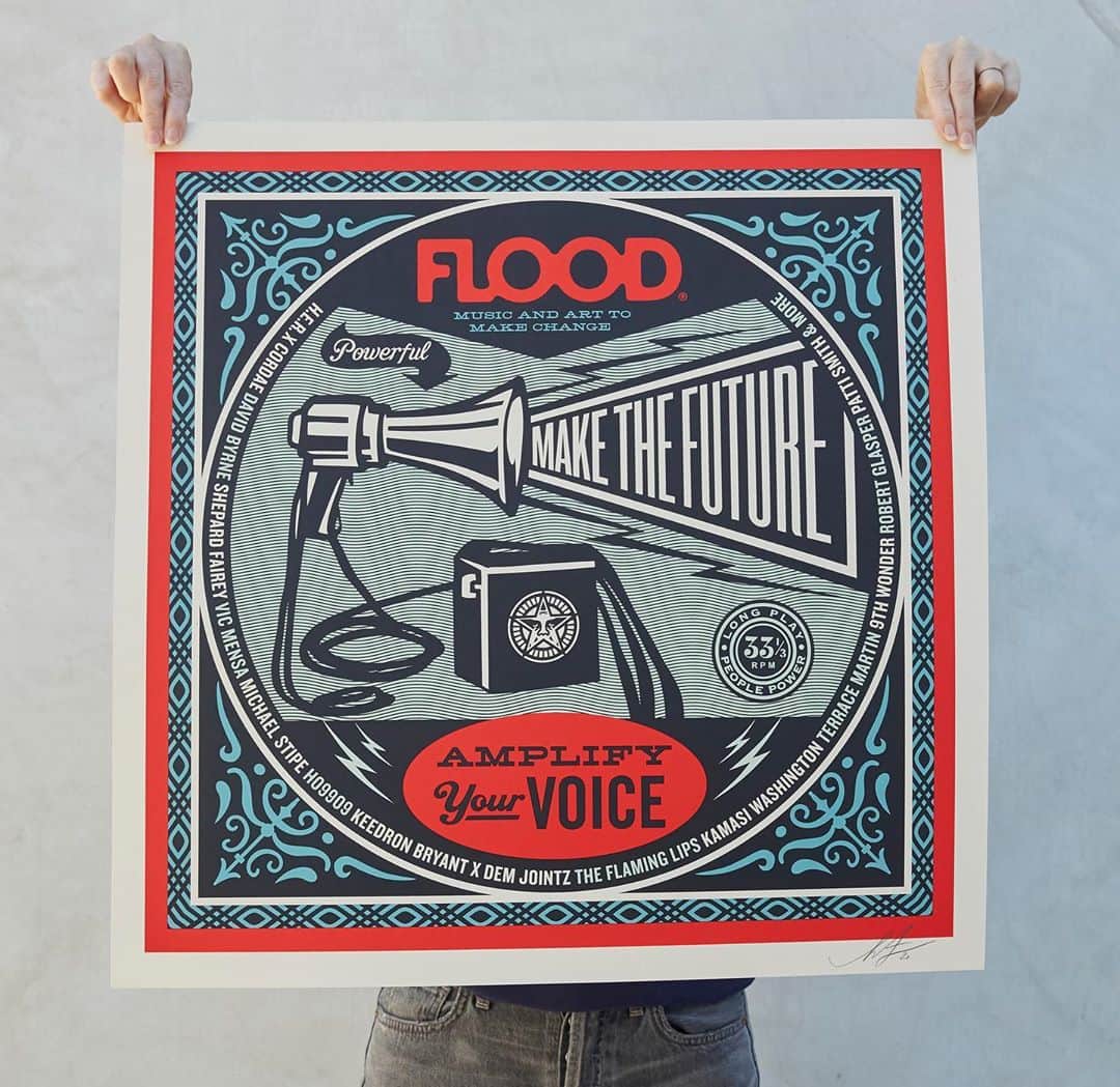 Shepard Faireyのインスタグラム：「I was honored to create @floodmagazine’s cover art for Flood 11: The Action Issue, which is meant to inspire action and hope for the future. Prints of this cover art are now available on Flood Magazine’s site, where 100% of net proceeds will be donated to the NIVA Emergency Relief Fund @nivassoc to #SaveOurStages! This print is also available as a bundle with FLOOD 11: The Action Issue three-pack featuring all three of my cover designs.⁠⠀ ⁠⠀ Music is the heartbeat of my work, it inspires me daily both sonically and lyrically. We can all remember the shows that shaped us, and the spaces where we experienced them, and I urge you to do what you can to support our independent venues so that many more generations can find their space too. Thanks for caring, and get your hands on this print through the link in my bio!⁠⠀ -Shepard」