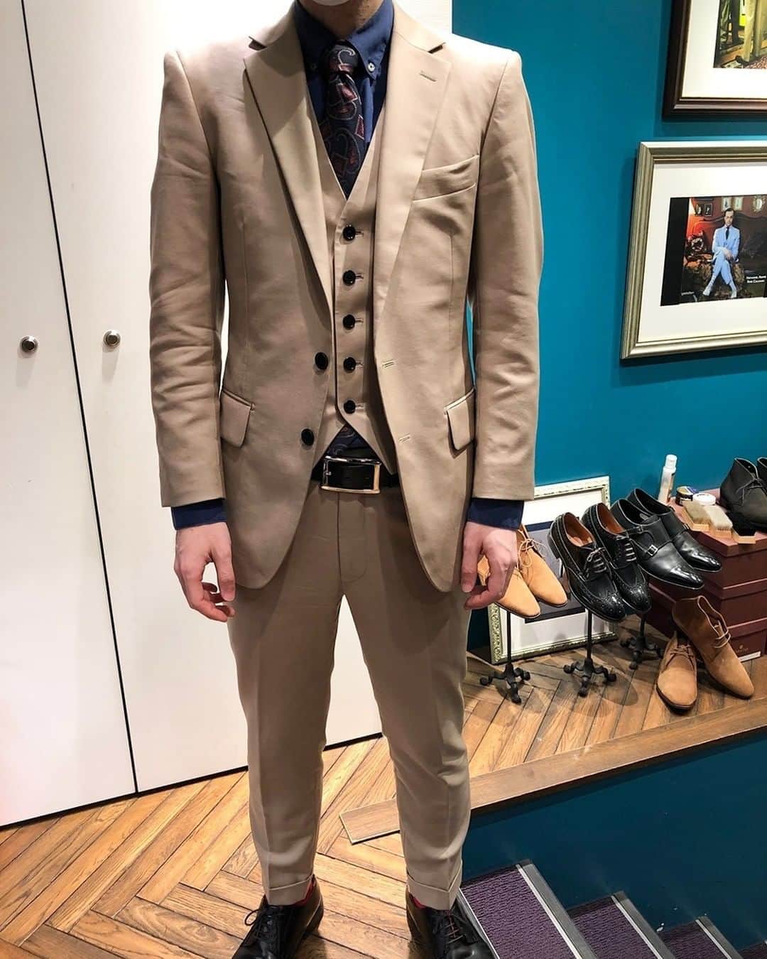 銀座グローバルスタイル 3ピース スーツ ペイズリー 本切羽 ノータック