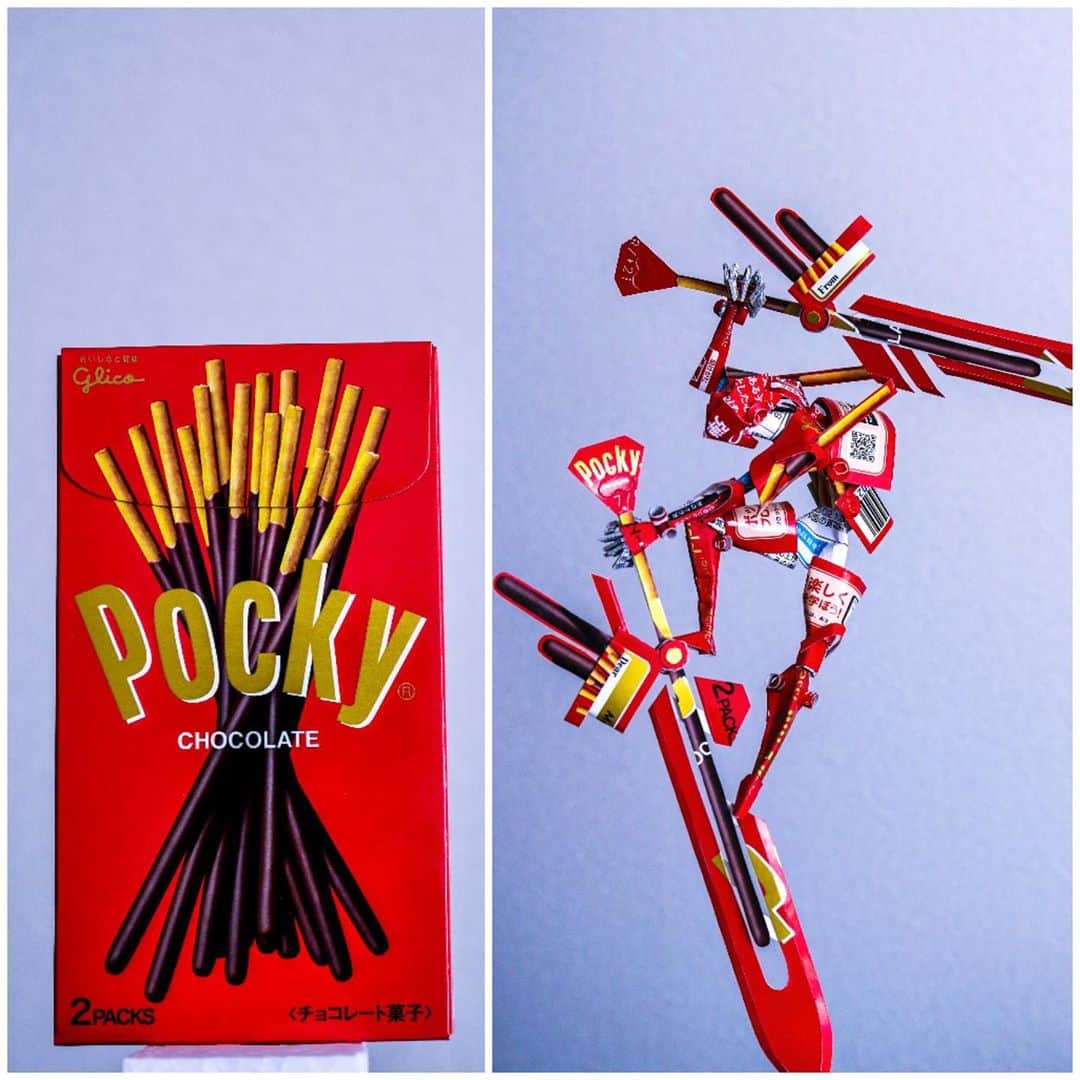 はるきるのインスタグラム：「ポッキーの空箱で工作しました！  #art #artist #packageart #pocky #diy #making #photho #warrior  #空箱職人はるきる　#ポッキー　#グリコ　#ポッキーの日　#ペーパークラフト　#紙工作　#アート」
