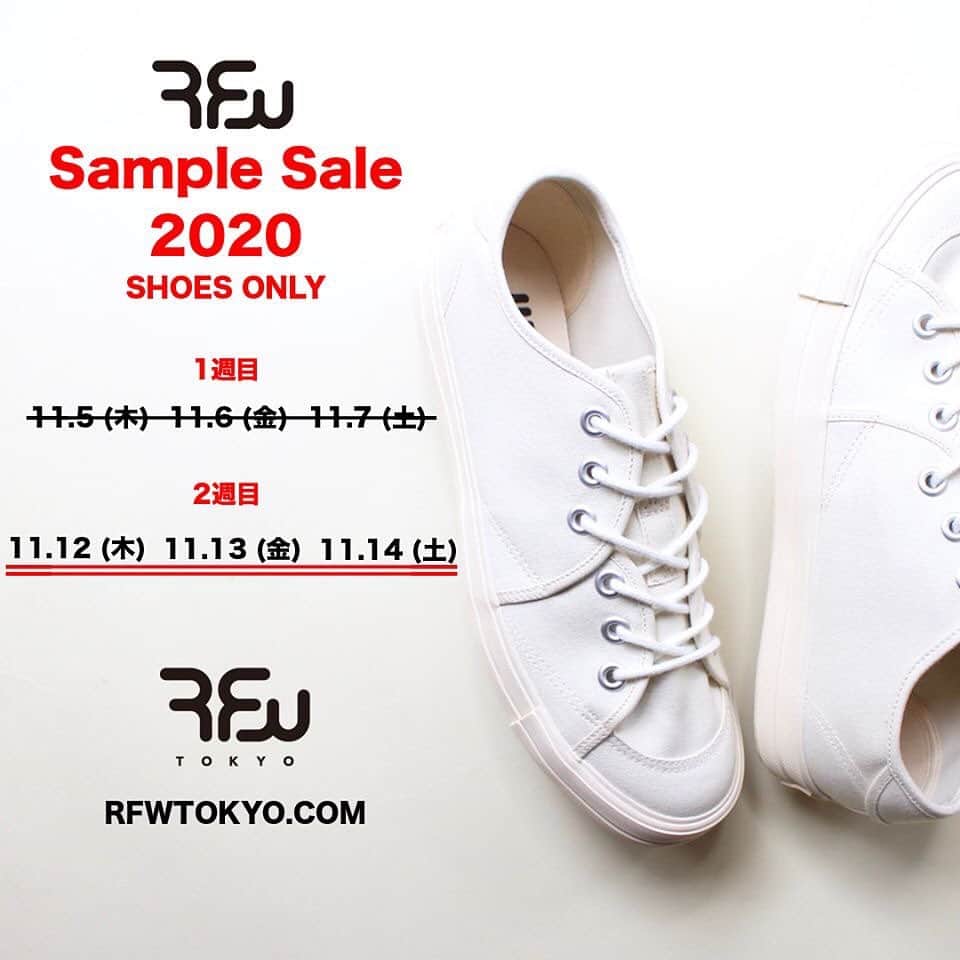 のインスタグラム：「【RFW EVENT INFORMATION】  《 RFW Sample Sale 2020 》  いつもRFWをご愛顧いただき誠にありがとうございます。 昨今のコロナ渦の影響により、中止延期をしておりましたサンプルセールですが、 RFW(シューズ)のみで以下の日程にて開催することが決定いたしました。  感染症対策のため、会場の換気、アルコール消毒、マスク着用での接客、混雑時の入場制限を行います。 また、混雑緩和のため、11月の第1週目から2週に渡り、曜日を限定しての開催となります。  1週目 11月5日(木)　12:00-20:00 11月6日(金)　12:00-20:00 11月7日(土)　12:00-19:00  2週目 11月12日(木)　12:00-20:00 11月13日(金)　12:00-20:00 11月14日(土)　12:00-19:00  ※現金のみの扱いとさせていただきます。 ※サンプル品の為、返品、交換、修理はお断り致します。 ※Sample SaleはRFW(シューズ)のみとなります。その他ブランドの参加はございません。  Place: 株式会社 RHYTHM ( RPM ) 〒151-0063 東京都渋谷区富ヶ谷1-6-9 荒木ビル2階 TEL: 03-6804-7283  また、今回はRFW ONLINE SHOPでも同時開催となります。 会員登録をしていただいたお客様だけが参加できるページとなっておりますので、 この機会に是非ご登録よろしくお願いいたします。 ※店舗と同時開催のためご注文後に売り切れの場合がございます。  ONLINE SHOPセール会場(開催日時は店舗と同じ日程、時間となります。） ※開催時間外は商品をご購入いただけませんのでご了承ください。 http://www.rhythmtokyo.com/shopbrand/outletsample  どうぞよろしくお願いいたします。  www.rfwtokyo.com #rfw #rfwtokyo #rhythmfootwear #sneaker #sneakers #kicks #instashoes #instakicks #sneakerhead #sneakerheads #nicekicks #sneakerfreak #kickstagram #2020aw #autum #winter #tokyo #shibuya #東京 #渋谷 #rpm #rhythmprimarymarket #samplesale #サンプルセール #familysale #ファミリーセール #富ヶ谷 #富ヶ谷商店街」