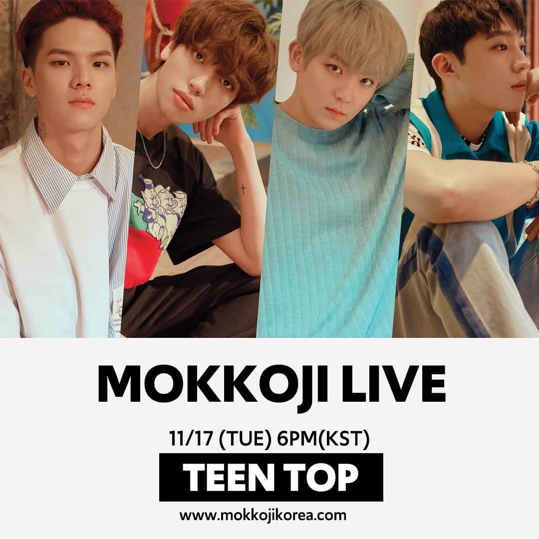 【公式】TEEN TOPさんのインスタグラム写真 - (【公式】TEEN TOPInstagram)「💝 MOKKOJI LIVE with TEEN TOP 💝 11/17(Tue) at 6pm (KST) The 5th MOKKOJI LIVE with TEEN TOP will be released! 🎊 Don't miss out❣️  COME N JOY, MOKKOJI♥ www.mokkojikorea.com   • • • • •   💝 MOKKOJI LIVE with TEEN TOP 💝 11/17(화) 오후 6시(KST) 틴탑과 함께하는 다섯번째 모꼬지 라이브 대공개! 🎊 절대 놓치지 마세요!  COME N JOY, MOKKOJI♥  www.mokkojikorea.com   #MOKKOJIKOREA #모꼬지대한민국 #KOFICE #MCST #Kfood #Kpop #TEENTOP #틴탑 #MokkojiLive」11月11日 19時17分 - official_teentop