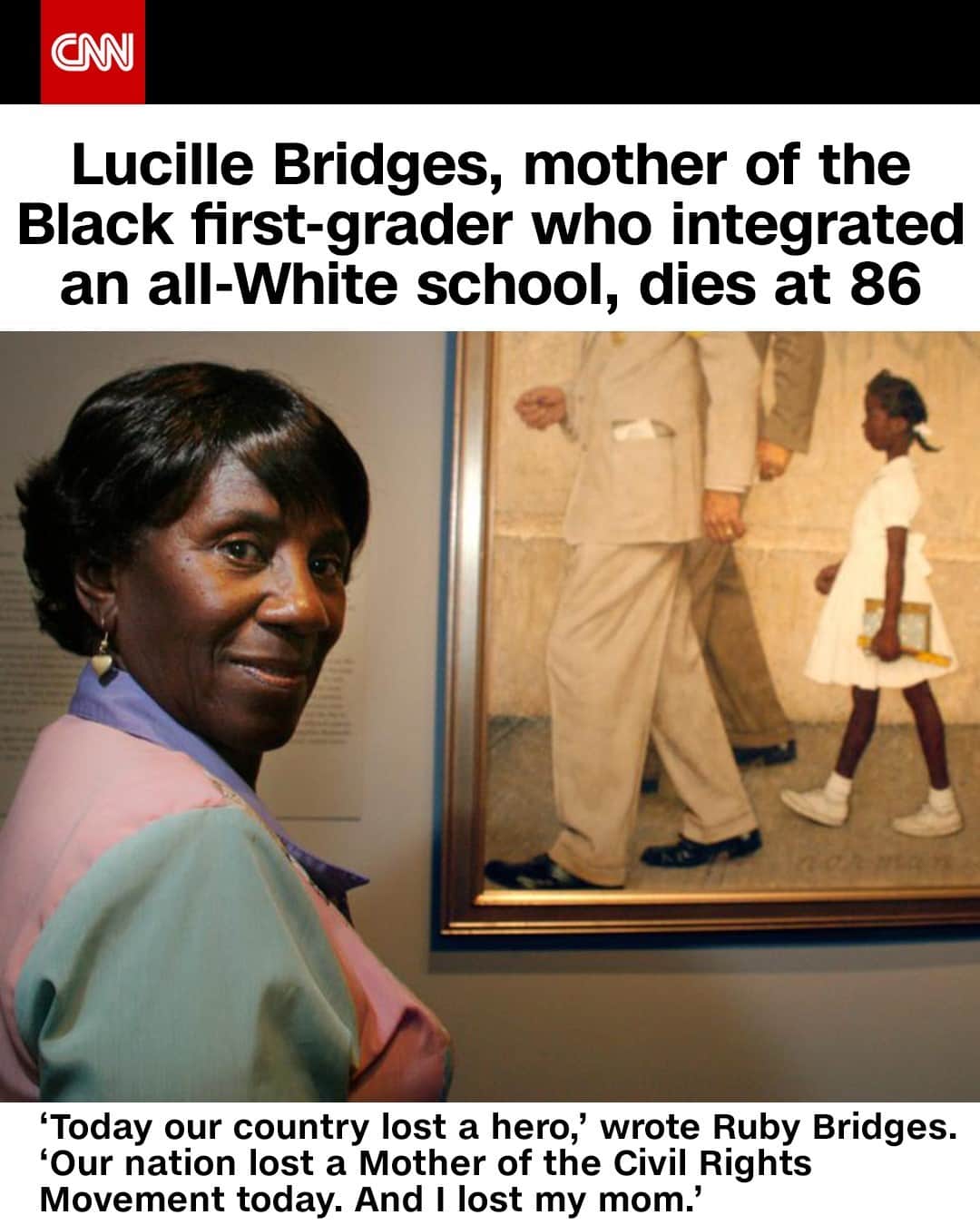 CNNさんのインスタグラム写真 - (CNNInstagram)「Ruby Bridges may be widely known as the brave Black child who desegregated an all-White school in the South, but it was her mom, Lucille, who put the decision in motion. "Brave, progressive, a champion for change," Ruby Bridges wrote of her mom on Tuesday. "She helped alter the course of so many lives by setting me out on my path as a six year old little girl." That champion for change — Lucille Bridges — has died at age 86.⁠ ⁠ (📸: Steve Ueckert/Houston Chronicle via AP)⁠」11月12日 8時08分 - cnn