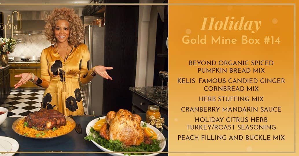 ケリスのインスタグラム：「Dinners ready !!!! Hey fam , you know I love autumn and this time of year for the food alone !!!!! GOLD MINE HOLIDAY HARVEST BOX IS LIVE ON BOUNTYANDFULL.COM NOW !!!!!! Limited supplies the first 50 orders will get a dope denim apron as a thank you for all your support ! Love you guys !!! Buen provecho !!!!」