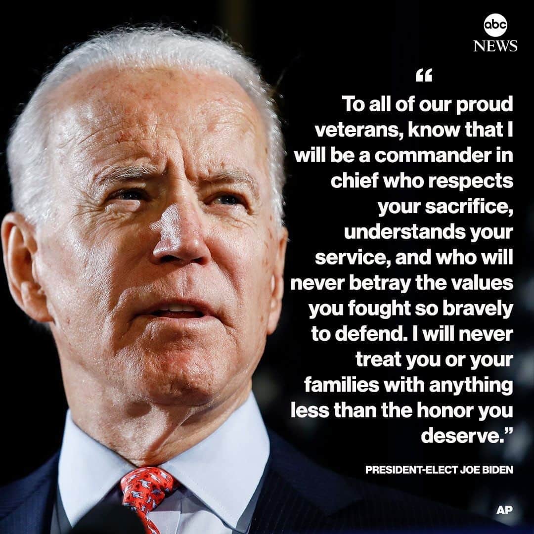 ABC Newsさんのインスタグラム写真 - (ABC NewsInstagram)「NEW: President-elect Joe Biden releases statement on Veterans Day: "I feel the full weight of the honor and the responsibility that has been entrusted to me by the American people as the next president, and I vow to honor our country’s sacred obligation." #joebiden #donaldtrump #veteransday #veterans #politics」11月12日 0時39分 - abcnews