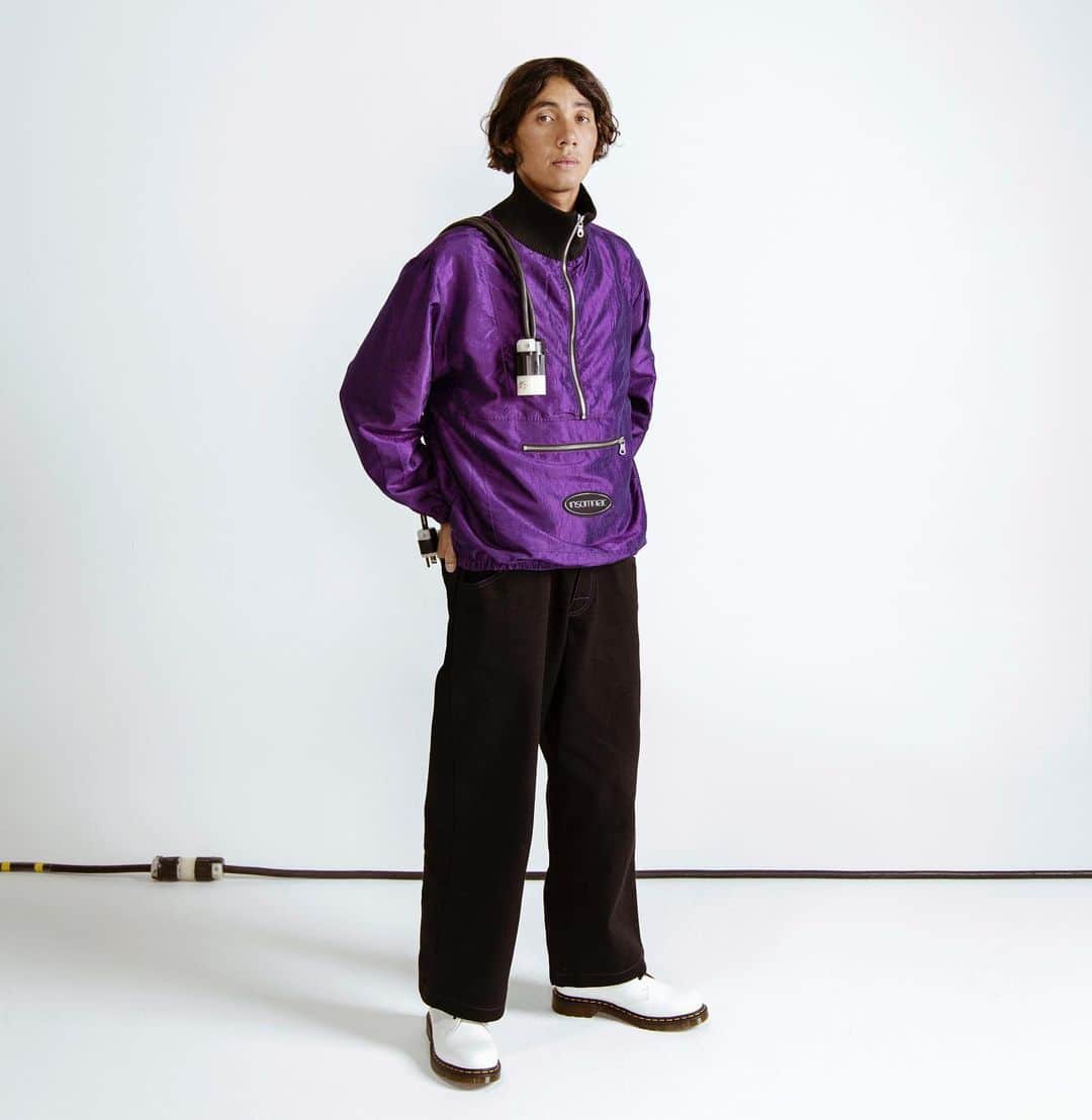 サキャスティックのインスタグラム：「@insomniacltd FALL 2020  Orbital Pullover Purple Lightweight nylon shell pullover anorak style, half zip detail, knit rib detail collar, cuffs, & jacket bottom, front pouch pocket with zipper closure, 3-D reflective logo patch.  Wizard Denim Overdyed 12oz cotton bull denim, baggie fit, embroidered logo on back pocket.」