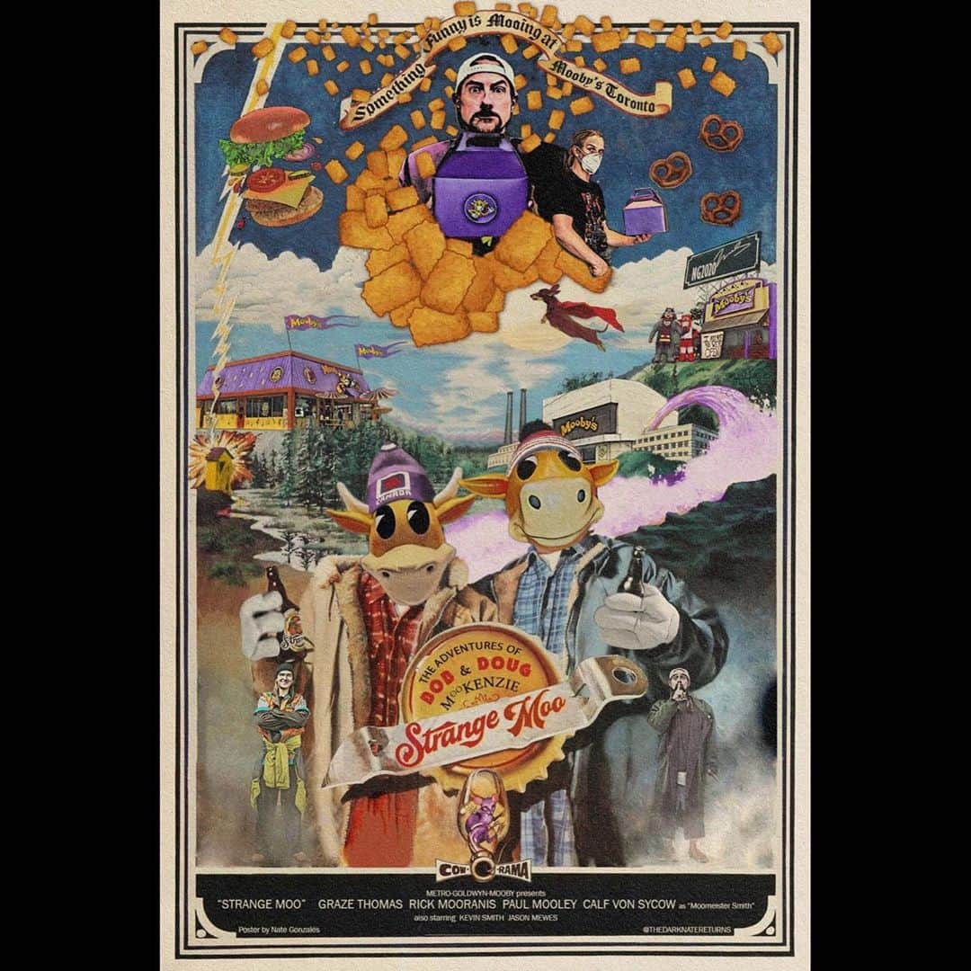 ケヴィン・スミスのインスタグラム：「The @moobyspopup at @kitchenhub in #Toronto opens TOMORROW! So to commemorate our debut in #Canada, the great @thedarknatereturns created this amazing artwork based on one of my favorite #canadian flicks, #strangebrew! The detail is insane, which you can see in person at the #etobicoke area #moobys! And next week, our delivery partners at @skipthedishes will let you order Mooby’s at home all across the GTA! If this goes well, our udderly authentic fake fast foodery might roll out all across the Great White North! So to make your #tdot #moobyspopup reservation, click the link in my bio above! Big thanks to @moviestuart for getting the Cow across the border! #KevinSmith #kitchenhub #skipthedishes #nategonzales #mooby」
