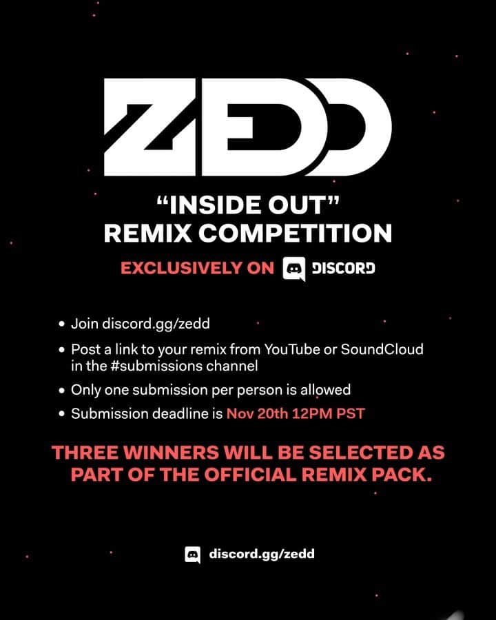 ゼッドのインスタグラム：「ANNOUNCING: The "Inside Out" REMIX CONTEST!!! 3 winners will be chosen for their remixes to be released on @interscope!  Rules / Info on my @discord (discord.gg/zedd)」