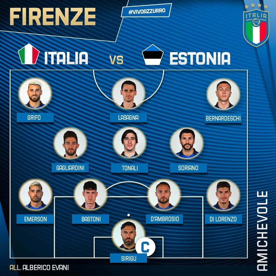 サッカーイタリア代表さんのインスタグラム写真 - (サッカーイタリア代表Instagram)「#FORMAZIONE  Gli 11 #Azzurri 💙 in campo! 🇮🇹🇪🇪 #ItaliaEstonia ⏱ h 20.45 - 🏟 Artemio Franchi di #Firenze 📺 #Rai1  #VivoAzzurro #Nazionale」11月12日 3時45分 - azzurri